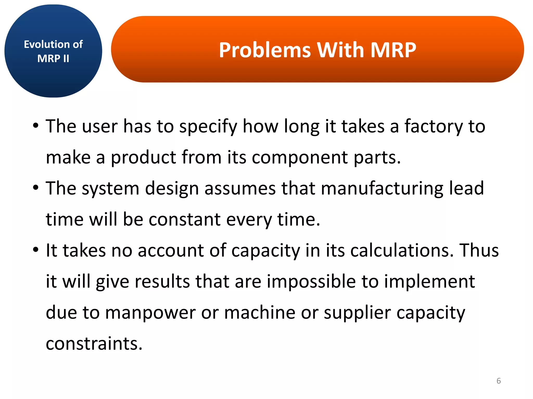 Problems With MRP
• The user has to specify how long it takes a factory to
make a product from its component parts.
• The system design assumes that manufacturing lead
time will be constant every time.
• It takes no account of capacity in its calculations. Thus
it will give results that are impossible to implement
due to manpower or machine or supplier capacity
constraints.
Evolution of
MRP II
6
 