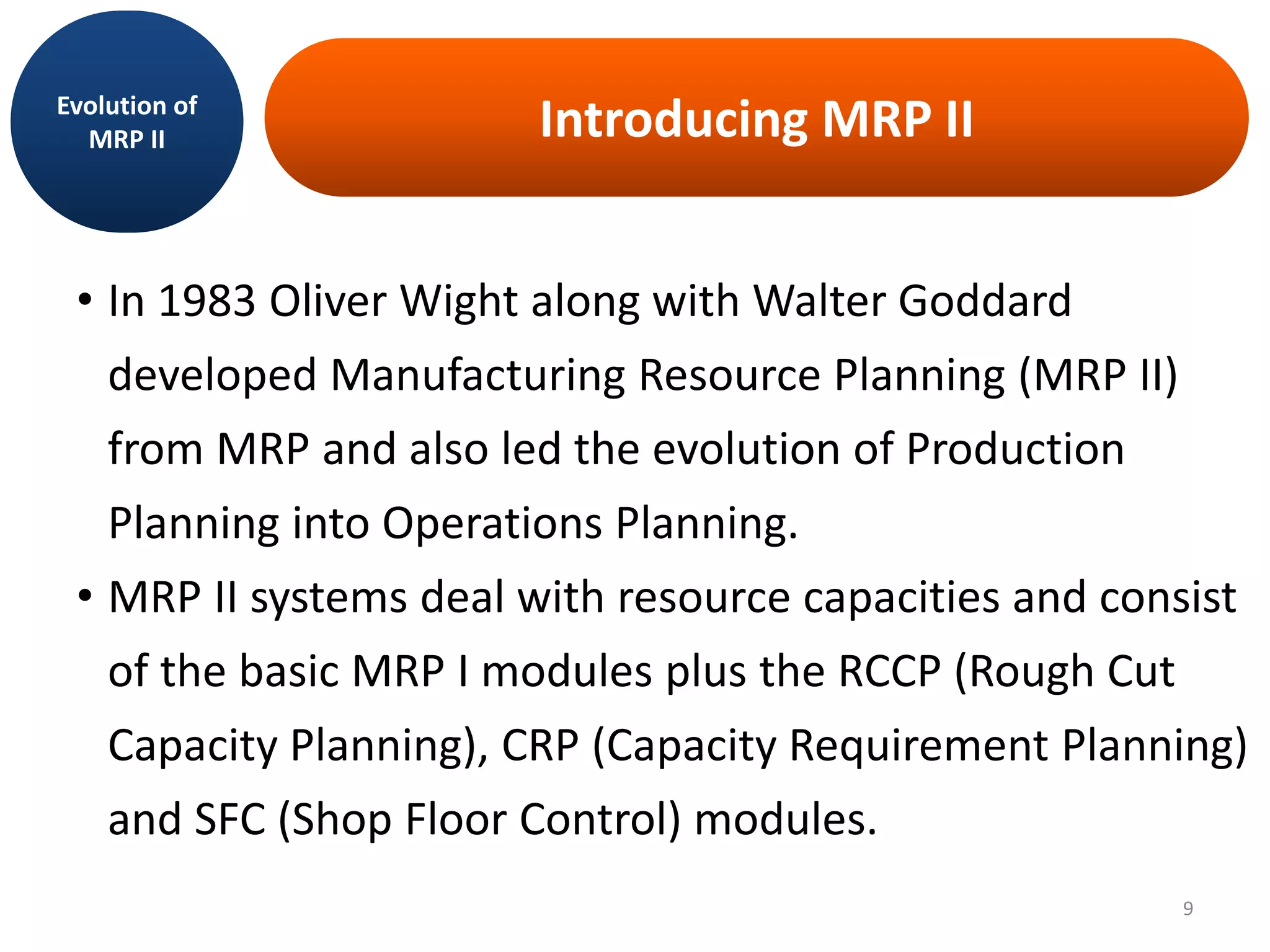 Introducing MRP II
• In 1983 Oliver Wight along with Walter Goddard
developed Manufacturing Resource Planning (MRP II)
from MRP and also led the evolution of Production
Planning into Operations Planning.
• MRP II systems deal with resource capacities and consist
of the basic MRP I modules plus the RCCP (Rough Cut
Capacity Planning), CRP (Capacity Requirement Planning)
and SFC (Shop Floor Control) modules.
Evolution of
MRP II
9
 