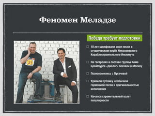 Феномен Меладзе
10 лет шлифовали свои песни в
студенческом клубе Николаевского
Кораблестроительного Института
На гастролях в составе группы Кима
Брейтбурга «Диалог» поехали в Москву
Познакомились с Пугачевой
Удивили публику необычной
гармонией песен и оригинальностью
исполнения
Начался стремительный взлет
популярности
Победа требует подготовки
 