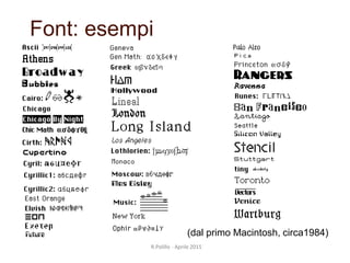 Font: esempi
(dal primo Macintosh, circa1984)
17
R.Polillo - Aprile 2015
 