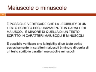 Maiuscole o minuscole
È POSSIBILE VERIFICARE CHE LA LEGIBILITY DI UN
TESTO SCRITTO ESCLUSIVAMEN-TE IN CARATTERI
MAIUSCOLI È MINORE DI QUELLA DI UN TESTO
SCRITTO IN CARATTERI MAIUSCOLI E MINUSCOLI
È possibile verificare che la lrgibility di un testo scritto
esclusivamente in caratteri maiuscoli è minore di quella di
un testo scritto in caratteri maiuscoli e minuscoli
33
R.Polillo - Aprile 2015
 