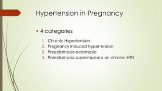 Hypertension in Pregnancy
• 4 categories
1. Chronic Hypertension
2. Pregnancy Induced hypertension
3. Preeclampsia-eclampsia
4. Preeclampsia superimposed on chronic HTN
 