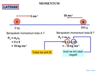 Author : Khairi
MOMENTUM
A
5 ms-1
2 kg
Berapakah momentum bola A ?
PA = mAvA
= 2 x 5
= 10 kg ms-1
B
500 g
30 ms-1
Berapakah momentum bola B ?
PB = mBvB
= 0.5 x (-30)
= - 15 kg ms-1
Tukar ke unit SI Arah ke kiri ialah
negatif
LATIHAN
 