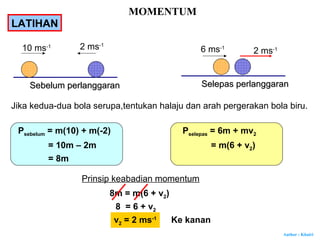 Author : Khairi
MOMENTUM
Jika kedua-dua bola serupa,tentukan halaju dan arah pergerakan bola biru.
Psebelum = m(10) + m(-2)
= 10m – 2m
= 8m
Pselepas = 6m + mv2
= m(6 + v2)
Prinsip keabadian momentum
8m = m(6 + v2)
8 = 6 + v2
v2 = 2 ms-1
Ke kanan
10 ms-1 2 ms-1
Sebelum perlanggaranSebelum perlanggaran
6 ms-1
Selepas perlanggaranSelepas perlanggaran
2 ms-1
LATIHAN
 