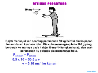 Author : Khairi
LATIHAN PENGAYAANLATIHAN PENGAYAAN
Rajah menunjukkan seorang perempuan 50 kg berdiri diatas papan
lunsur dalam keadaan rehat.Dia cuba menangkap bola 500 g yang
bergerak ke arahnya pada halaju 10 ms-1
.Hitungkan halaju dan arah
perempuan itu selepas dia menangkap bola.
10 ms-1
Psebelum = Pselepas
0.5 x 10 = 50.5 x v
v = 0.10 ms-1
ke kanan
 