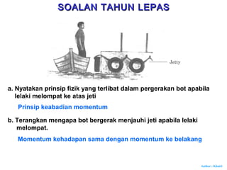 Author : Khairi
a. Nyatakan prinsip fizik yang terlibat dalam pergerakan bot apabila
lelaki melompat ke atas jeti
Prinsip keabadian momentum
b. Terangkan mengapa bot bergerak menjauhi jeti apabila lelaki
melompat.
Momentum kehadapan sama dengan momentum ke belakang
SOALAN TAHUN LEPASSOALAN TAHUN LEPAS
 
