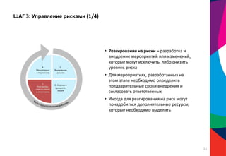 ШАГ 3: Управление рисками (1/4)
• Реагирование на риски – разработка и
внедрение мероприятий или изменений,
которые могут исключить, либо снизить
уровень риска
• Для мероприятиях, разработанных на
этом этапе необходимо определить
предварительные сроки внедрения и
согласовать ответственных
• Иногда для реагирования на риск могут
понадобиться дополнительные ресурсы,
которые необходимо выделить
31
 