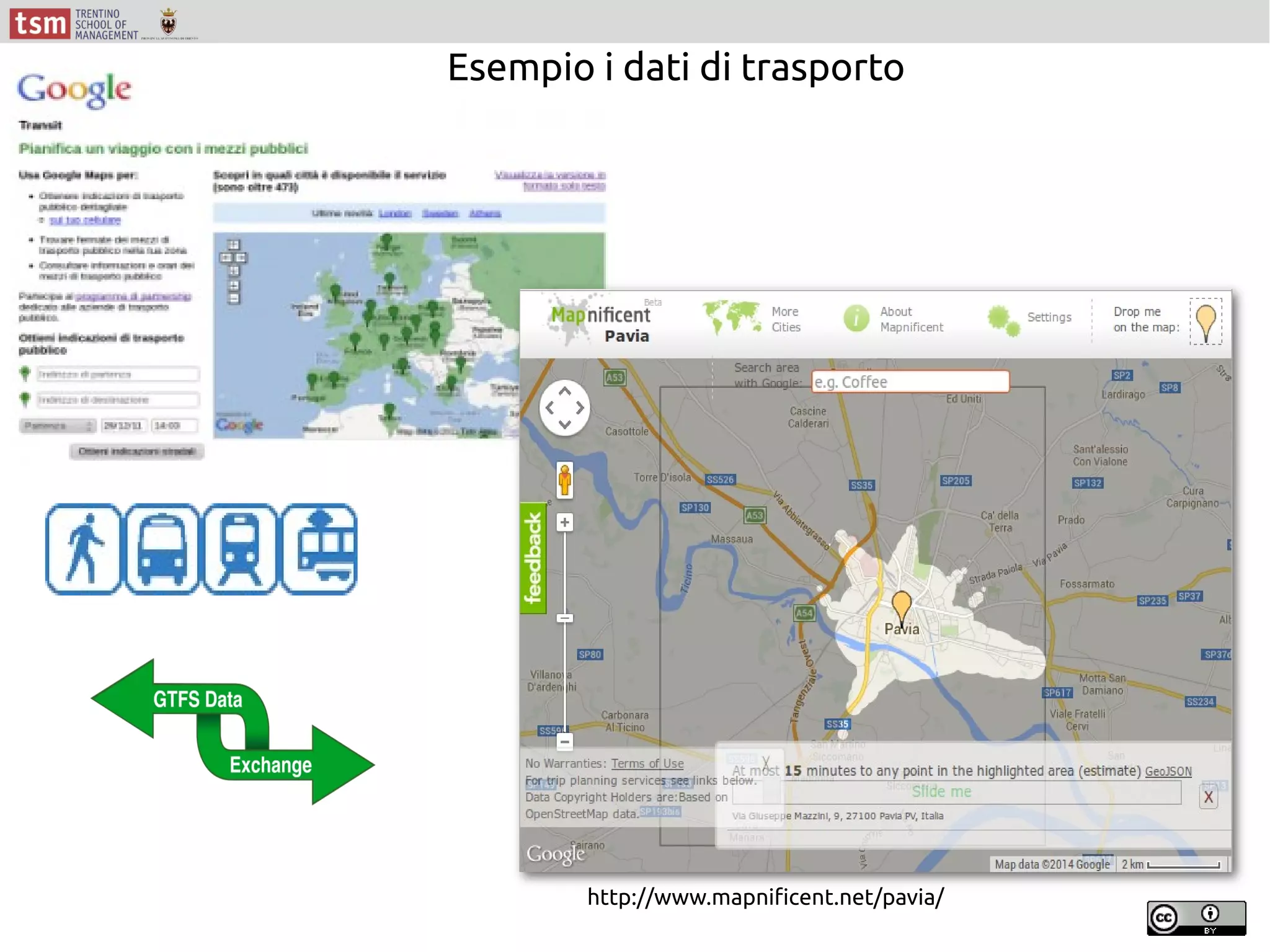 Esempio i dati di trasporto
http://www.mapnificent.net/pavia/
 