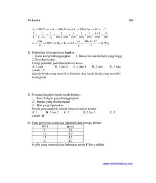 Mekanika
?...../200/400/200 321 =⇒=⇒=⇒= MmNkmNkmNk
kg
xx
g
kx
MkxMgNk
kkkk
75,0
10
105150
150
4
600
600
4
600
31
200
1
600
1
200
1
400200
1111
2
321
===⇒=⇒==
=
+
=+=+
+
=+
+
=
−
32. Pethatikan beberapa kasus berikut :
1. Karet ketepel direnggangkan 3. Benda beroda ditempat yang tinggi
2. Besi dipanaskan
Energi potensial pada benda dalam kasus
A. 1 saja B. 1 dan 2 C. 1 dan 3 D. 2 saja E. 3 saja
Jawab : C
(Benda-benda yang memiliki elastisitas dan benda-benda yang memiliki
ketinggian)
33. Diantara kejadian benda-benda berikut :
1. Karet ketepel yang direnggangkan
2. Bandul yang disimpangkan
3. Besi yang dipanaskan.
Benda yang memiliki energi potensial adalah nomor :
A. 1 B. 1 dan 2 C. 2 D. 2 dan 3 E. 3
Jawab : B
34. Pada percobaan elastisitas diperoleh data sebagai perikut
F(N) y(cm)
5 2,5
10 3,0
15 3,7
20 4,2
Grafik yang menunjukkan hubungan antara F dan y adalah
www.mhharismansur.com
169
 