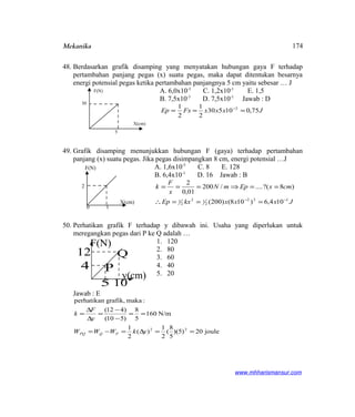 Mekanika
48. Berdasarkan grafik disamping yang menyatakan hubungan gaya F terhadap
pertambahan panjang pegas (x) suatu pegas, maka dapat ditentukan besarnya
energi potensial pegas ketika pertambahan panjangnya 5 cm yaitu sebesar … J
A. 6,0x10-3
C. 1,2x10-1
E. 1,5
B. 7,5x10-3
D. 7,5x10-1
Jawab : D
JxxxFxEp 75,010530
2
1
2
1 2
=== −
49. Grafik disamping menunjukkan hubungan F (gaya) terhadap pertambahan
panjang (x) suatu pegas. Jika pegas disimpangkan 8 cm, energi potensial …J
A. 1,6x10-5
C. 8 E. 128
B. 6,4x10-1
D. 16 Jawab : B
JxxxkxEp
cmxEpmN
x
F
k
122
2
12
2
1 104,6)108()200(
)8?(..../200
01,0
2
−−
===∴
==⇒===
50. Perhatikan grafik F terhadap y dibawah ini. Usaha yang diperlukan untuk
meregangkan pegas dari P ke Q adalah …
1. 120
2. 80
3. 60
4. 40
5. 20
Jawab : E
joule20)5)(
5
8
(
2
1
)(
2
1
N/m160
5
8
)510(
)412(
:makagrafik,perhatikan
22
==∆=−=
==
−
−
=
∆
∆
=
ykWWW
y
F
k
PQPQ
www.mhharismansur.com
F(N)
X(cm)
30
5
0 1
2
F(N)
X(cm)
5 10
12
4
F(N)
y(cm)
P
Q
174
 