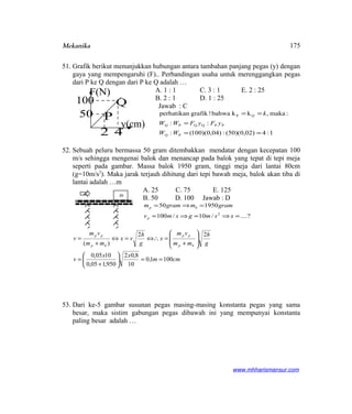 Mekanika
51. Grafik berikut menunjukkan hubungan antara tambahan panjang pegas (y) dengan
gaya yang mempengaruhi (F).. Perbandingan usaha untuk merenggangkan pegas
dari P ke Q dengan dari P ke Q adalah …
A. 1 : 1 C. 3 : 1 E. 2 : 25
B. 2 : 1 D. 1 : 25
Jawab : C
1:4)02,0)(50(:)04,0)(100(:
::
:maka,kkbahwa!grafikperhatikan
PQ
PPQQPQ
QP
==
=
==
WW
yFyFWW
k
52. Sebuah peluru bermassa 50 gram ditembakkan mendatar dengan kecepatan 100
m/s sehingga mengenai balok dan menancap pada balok yang tepat di tepi meja
seperti pada gambar. Massa balok 1950 gram, tinggi meja dari lantai 80cm
(g=10m/s2
). Maka jarak terjauh dihitung dari tepi bawah meja, balok akan tiba di
lantai adalah …m
A. 25 C. 75 E. 125
B. 50 D. 100 Jawab : D
?..../10/100
195050
2
=⇒=⇒=
=⇒=
xsmgsmv
grammgramm
p
bp
cmm
xx
v
g
h
mm
vm
x
g
h
vx
mm
vm
v
bp
pp
bp
pp
1001,0
10
8,02
950,105,0
1005,0
22
)(
==





+
=








+
=⇔∴=⇔
+
=
53. Dari ke-5 gambar susunan pegas masing-masing konstanta pegas yang sama
besar, maka sistim gabungan pegas dibawah ini yang mempunyai konstanta
paling besar adalah …
www.mhharismansur.com
2 4
100
50
F(N)
y(cm)
P
Q
m
175
 