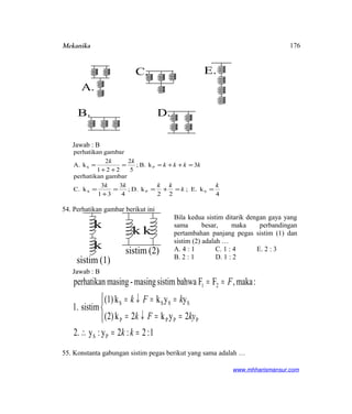 Mekanika
Jawab : B
kkkk
kk
3kB.;
5
2
221
2
kA.
gambarperhatikan
PS =++==
++
=
4
kE.;
22
kD.;
4
3
31
3
kC.
gambarperhatikan
SPS
k
k
kkkk
==+==
+
=
54. Perhatikan gambar berikut ini
Bila kedua sistim ditarik dengan gaya yang
sama besar, maka perbandingan
pertambahan panjang pegas sistim (1) dan
sistim (2) adalah …
A. 4 : 1 C. 1 : 4 E. 2 : 3
B. 2 : 1 D. 1 : 2
Jawab : B
1:2:2y:y2.
2yk2k)2(
yykk(1)
sistim1.
:maka,FFbahwasistimmasing-masingperhatikan
PS
PPPP
SSSS
21
==∴




==↓=
==↓=
==
kk
kyFk
kFk
F
55. Konstanta gabungan sistim pegas berikut yang sama adalah …
www.mhharismansur.com
A.
C. E.
B. D.
(1)sistim
k
k (2)sistim
k k
176
 