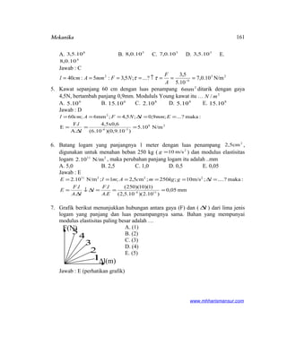 Mekanika
A. 8
10.5,3 B. 5
10.0,8 C. 5
10.0,7 D. 5
10.5,3 E.
4
10.0,8
Jawab : C
25
6
2
N/m10.0,7
10.5
5,3
...?;5,3:5:40 ===↑==== −
A
F
NFmmAcml ττ
5. Kawat sepanjang 60 cm dengan luas penampang 2
6mm ditarik dengan gaya
4,5N, bertambah panjang 0,9mm. Modululs Young kawat itu … 2
/ mN
A. 6
10.5 B. 6
10.15 C. 8
10.2 D. 8
10.5 E. 8
10.15
Jawab : D
28
3-6-
2
N/m10.5
))(0,9.10(6.10
4,5x0,6
A.
F.
E
:maka?...;9,0;5,4;6mm;60
==
∆
=
==∆===
l
l
EmmlNFAcml
6. Batang logam yang panjangnya 1 meter dengan luas penampang 2
2,5cm ,
digunakan untuk menahan beban 250 kg ( 2
m/s10=g ) dan modulus elastisitas
logam 211
N/m10.2 , maka perubahan panjang logam itu adalah ..mm
A. 5,0 B. 2,5 C. 1,0 D. 0,5 E. 0,05
Jawab : E
mm05,0
)10.2)(10.5,2(
)1)(10)(250(
.
.
.
.
:maka?....;m/s10;250;m5,2;1;N/m10.2
114-
22211
===∆↓
∆
=
=∆=====
EA
lF
l
lA
lF
E
lgkgmcAmlE
7. Grafik berikut menunjukkan hubungan antara gaya (F) dan ( l∆ ) dari lima jenis
logam yang panjang dan luas penampangnya sama. Bahan yang mempunyai
modulus elastisitas paling besar adalah …
A. (1)
B. (2)
C. (3)
D. (4)
E. (5)
Jawab : E (perhatikan grafik)
www.mhharismansur.com
F(N)
l(m)∆1
2
3
4
5
161
 
