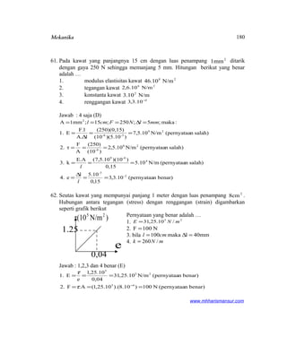 Mekanika
61. Pada kawat yang panjangnya 15 cm dengan luas penampang 2
1mm ditarik
dengan gaya 250 N sehingga memanjang 5 mm. Hitungan berikut yang benar
adalah …
1. modulus elastisitas kawat 28
N/m10.46
2. tegangan kawat 26
N/m10.6,2
3. konstanta kawat N/m10.3 2
4. renggangan kawat 10.3,3 2−
Jawab : 4 saja (D)
benar)n(pernyataa10.3,3
15,0
5.10l
e4.
salah)n(pernyataaN/m10.5
0,15
))(1010.5,7(E.A
k3.
salah)n(pernyataaN/m10.5,2
)(10
(250)
A
F
τ2.
salah)n(pernyataaN/m10.5,7
))(5.10(10
)(250)(0,15
lA.
F.l
E1.
:maka;5;250;15;1mmA
2-
3-
4
6-9
28
6-
29
3-6-
2
==
∆
=
===
===
==
∆
=
=∆===
l
l
mmlNFcml
62. Seutas kawat yang mempunyai panjang 1 meter dengan luas penampang 2
8cm .
Hubungan antara tegangan (stress) dengan renggangan (strain) digambarkan
seperti grafik berikut
Pernyataan yang benar adalah …
1. 25
/10.25,31 mNE =
2. N100F =
3. bila mm40lmaka100 =∆= cml
4. mNk /260=
Jawab : 1,2,3 dan 4 benar (E)
benar)n(pernyataaN100)10.8).(10.25,1(.AF2.
benar)n(pernyataaN/m10.25,31
0,04
10.25,1
e
E1.
45
25
5
===
===
−
τ
τ
www.mhharismansur.com
0,04
1.25
)N/mτ(10 25
e
180
 