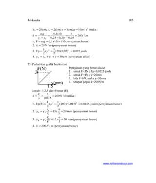 Mekanika
mN
x
yy
mg
k
smgcmycmycmy
/20
05,0
1
20,025,0
101,0
:maka/10;5;25;20
01
2
10
==
−
=
−
=
====
benar)n(pernyataa/202.
benar)n(pernyataaN10,1x10mgF1.
mNk =
===
salah)n(pernyataacm30y4.
joule025,0)05,0)(20(
2
1
2
1
Ep3.
102
22
=++=
===
yyy
ky
73. Perhatikan grafik berikut ini
Pernyataan yang benar adalah
1. untuk F=3N ; Ep=0,0225 joule
2. untuk F=4N ; y=20mm
3. bila F=6N, maka y=30mm
4. tetapan pegas k=200N/m
Jawab : 1,2,3 dan 4 benar (E)
benar)n(pernyataamm20
3
4
15
F
F
yy2.
benar)n(pernyataajoule0225,0)015,0)(200(
2
1
2
1
Ep(3)1.
:maka/200
015,0
3
3
4
34
22
===
===
===
x
ky
mN
y
F
k
benar)n(pernyataa/2004.
benar)n(pernyataamm30
3
6
15
F
F
yy3.
3
6
36
mNk
x
=
===
www.mhharismansur.com
15
3
F(N)
y(mm)
185
 