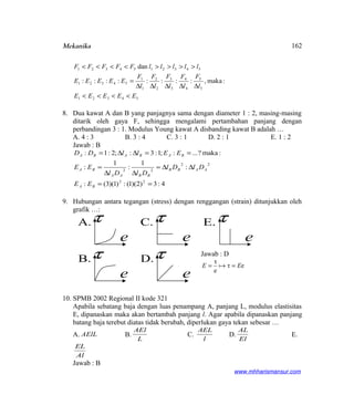 Mekanika
54321
5
5
4
4
3
3
2
2
1
1
54321
5432154321
:maka,::::::::
dan
EEEEE
l
F
l
F
l
F
l
F
l
F
EEEEE
lllllFFFFF
<<<<
∆∆∆∆∆
=
>>>><<<<
8. Dua kawat A dan B yang panjagnya sama dengan diameter 1 : 2, masing-masing
ditarik oleh gaya F, sehingga mengalami pertambahan panjang dengan
perbandingan 3 : 1. Modulus Young kawat A disbanding kawat B adalah …
A. 4 : 3 B. 3 : 4 C. 3 : 1 D. 2 : 1 E. 1 : 2
Jawab : B
4:3)2)(1(:)1)(3(:
:
1
:
1
:
:maka?...:;1:3:;2:1:
22
22
22
==
∆∆=
∆∆
=
==∆∆=
BA
AABB
BBAA
BA
BABABA
EE
DlDl
DlDl
EE
EEllDD
9. Hubungan antara tegangan (stress) dengan renggangan (strain) ditunjukkan oleh
grafik …:
Jawab : D
eτ
e
τ
EE == 
10. SPMB 2002 Regional II kode 321
Apabila sebatang baja dengan luas penampang A, panjang L, modulus elastisitas
E, dipanaskan maka akan bertambah panjang l. Agar apabila dipanaskan panjang
batang baja terebut diatas tidak berubah, diperlukan gaya tekan sebesar …
A. AElL B.
L
AEl
C.
l
AEL
D.
El
AL
E.
Al
EL
Jawab : B
www.mhharismansur.com
τ
e
A. τ
e
C. τ
e
E.
τ
e
B. τ
e
D.
162
 
