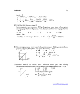 Mekanika
Jawab : D
N/m120
500
60000
300200
300200111
:makaseri,?...;/300;/200
21
21
21
21
==
+
=
+
=↓+=
===
x
kk
kk
k
kkk
kmNkmNk
S
S
S
25. UMPTN 1999 Rayon A kode 53
Seorang pelajar yang massanya 50 kg, bergantung pada ujung sebuah pegas,
sehingga pegas bertambah panjang 10cm. Dengan demikian tetapan pegas bernilai
…N/m
A. 500 B. 5 C. 50 D. 20 E. 5000
Jawab : E(x)
N/m5000
1,0
1050
?...:/10:10:50 2
==
∆
=↑===∆=
x
x
mg
kksmgcmxkgm
26. Konstanta pegas yang mempunyai hubungan antara gaya (F) dengan pertambahan
panjang (x), yang ditunjukkan oleh grafik disamping … N/m
A. 300 C. 100 E. 25
B. 150 D. 50 Jawab : B
mN
xx
F
k /150
8
1200
108
12
2
==== −
27. Gambar dibawah ini adalah grafik hubungan antara gaya (F) terhadap
pertambahan panjang pegas (x) dari sebuah pegas, maka tetapan pegas … N/m
A. 1000 C. 300 E. 200
B. 500 D. 250
Jawab : B (perhatikan grafik)
N
xx
F
k 500
105
25
2
==
∆
= −
www.mhharismansur.com
F(N)
12
6
4 8
x(cm)
F(N)
x(cm)
5
25
167
 