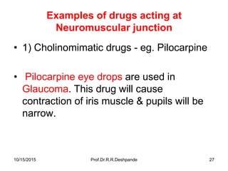 10/15/2015 Prof.Dr.R.R.Deshpande 27
Examples of drugs acting at
Neuromuscular junction
• 1) Cholinomimatic drugs - eg. Pilocarpine
• Pilocarpine eye drops are used in
Glaucoma. This drug will cause
contraction of iris muscle & pupils will be
narrow.
 
