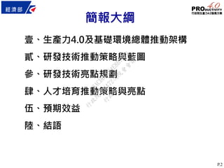 P.2
簡報大綱
壹、生產力4.0及基礎環境總體推動架構
貳、研發技術推動策略與藍圖
參、研發技術亮點規劃
肆、人才培育推動策略與亮點
伍、預期效益
陸、結語
行
政
院
行
政
院
第
3472次
院
會
會
議
3ACDBCFB4E8B7FE6
 
