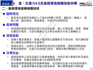 P.4
 國際現況
• 歐美等先進國家相繼投入工業4.0相關之研發，重點含：機器人、智
慧工廠、數位製造、雲端基礎、先進材料與製程等
 產業問題
• 具資通訊網路及雲端巨資分析技術能量，導入於製造業、商業、農業
尚屬起步階段，欠缺完整數位化決策系統解決方案之建構能力
 發展重點
• 因應少量多樣需求，發展大量客製化整體解決方案系統，取代傳統製
造大量產品或零組件生產模式
• 透過系統化、品牌化之產學研組成技術支援群組，發展我國製造業、
商業與農業等，生產力4.0對應之感知、網路及應用關鍵核心技術
 目標效益
• 透過發展核心技術及建立示範產線驗證，有助於提升產業效率及產品
附加價值，並奠定我國生產力4.0重要里程碑
• 藉由基礎環境建置及新創事業推動，促成國內生產力4.0系統新增內
需產值，並透過移轉系統整合業者業者，擴大國際銷售市場商機
二、基礎環境建構總體說明
壹、生產力4.0及基礎環境總體推動架構
行
政
院
行
政
院
第
3472次
院
會
會
議
3ACDBCFB4E8B7FE6
 