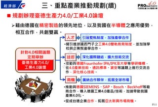 P.11
 規劃辦理臺德生產力4.0/工業4.0論壇
藉由德國在精密製造的領先地位，以及我國在半導體之應用優勢，
相互合作，共創雙贏。
針對4.0相關議題
定期舉辦
臺德生產力4.0/
工業4.0論壇
技術
•推動與德國Fraunhofer IPA/IPK及大學等學研機構，
在4.0產業技術、通訊標準、資安等議題上進行交流合
作，深化核心技術。
•推動與德國SIEMENS、SAP、Bosch、Beckhoff等廠
商合作，導入德國工業4.0產品/技術，加速帶動我國
產業4.0化。
•促成台德企業合作，拓展亞太新興市場商機。
人才 引進雙軌制度，加強產學合作
深化國際鏈結，擴大技術交流
商機 廣納合作夥伴，拓展全球市場
•擬引進德國西門子之工業4.0雙軌教育制度，並加強學
校與企業間產學合作。
三、重點產業推動規劃(續)
行
政
院
行
政
院
第
3473次
院
會
會
議
C0BC2ADD2217FBB4
 