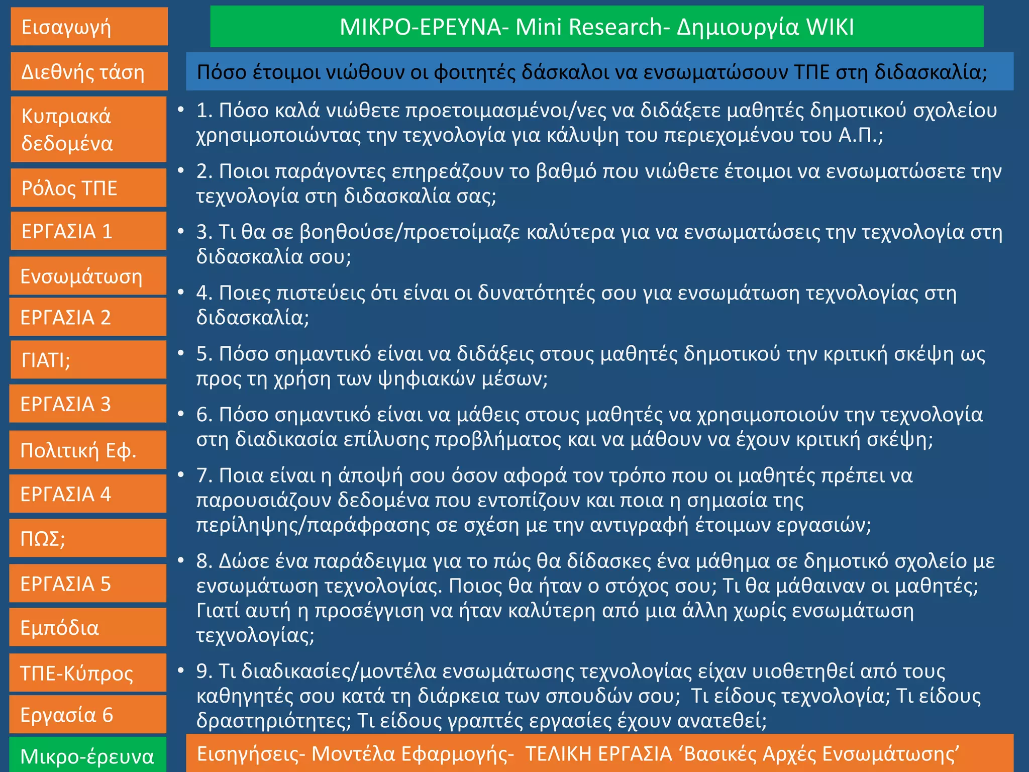 Εισαγωγή
Διεθνής τάση
Κυπριακά
δεδομένα
Ρόλος ΤΠΕ
ΕΡΓΑΣΙΑ 1
Ενσωμάτωση
ΓΙΑΤΙ;
ΕΡΓΑΣΙΑ 3
Πολιτική Εφ.
ΕΡΓΑΣΙΑ 4
ΠΩΣ;
ΕΡΓΑΣΙΑ 5
Εμπόδια
ΤΠΕ-Κύπρος
Εργασία 6
Μικρο-έρευνα Εισηγήσεις- Μοντέλα Εφαρμογής- ΤΕΛΙΚΗ ΕΡΓΑΣΙΑ ‘Βασικές Αρχές Ενσωμάτωσης’
ΕΡΓΑΣΙΑ 2
ΜΙΚΡΟ-ΕΡΕΥΝΑ- Mini Research- Δημιουργία WIKI
Πόσο έτοιμοι νιώθουν οι φοιτητές δάσκαλοι να ενσωματώσουν ΤΠΕ στη διδασκαλία;
• 1. Πόσο καλά νιώθετε προετοιμασμένοι/νες να διδάξετε μαθητές δημοτικού σχολείου
χρησιμοποιώντας την τεχνολογία για κάλυψη του περιεχομένου του Α.Π.;
• 2. Ποιοι παράγοντες επηρεάζουν το βαθμό που νιώθετε έτοιμοι να ενσωματώσετε την
τεχνολογία στη διδασκαλία σας;
• 3. Τι θα σε βοηθούσε/προετοίμαζε καλύτερα για να ενσωματώσεις την τεχνολογία στη
διδασκαλία σου;
• 4. Ποιες πιστεύεις ότι είναι οι δυνατότητές σου για ενσωμάτωση τεχνολογίας στη
διδασκαλία;
• 5. Πόσο σημαντικό είναι να διδάξεις στους μαθητές δημοτικού την κριτική σκέψη ως
προς τη χρήση των ψηφιακών μέσων;
• 6. Πόσο σημαντικό είναι να μάθεις στους μαθητές να χρησιμοποιούν την τεχνολογία
στη διαδικασία επίλυσης προβλήματος και να μάθουν να έχουν κριτική σκέψη;
• 7. Ποια είναι η άποψή σου όσον αφορά τον τρόπο που οι μαθητές πρέπει να
παρουσιάζουν δεδομένα που εντοπίζουν και ποια η σημασία της
περίληψης/παράφρασης σε σχέση με την αντιγραφή έτοιμων εργασιών;
• 8. Δώσε ένα παράδειγμα για το πώς θα δίδασκες ένα μάθημα σε δημοτικό σχολείο με
ενσωμάτωση τεχνολογίας. Ποιος θα ήταν ο στόχος σου; Τι θα μάθαιναν οι μαθητές;
Γιατί αυτή η προσέγγιση να ήταν καλύτερη από μια άλλη χωρίς ενσωμάτωση
τεχνολογίας;
• 9. Τι διαδικασίες/μοντέλα ενσωμάτωσης τεχνολογίας είχαν υιοθετηθεί από τους
καθηγητές σου κατά τη διάρκεια των σπουδών σου; Τι είδους τεχνολογία; Τι είδους
δραστηριότητες; Τι είδους γραπτές εργασίες έχουν ανατεθεί;
 