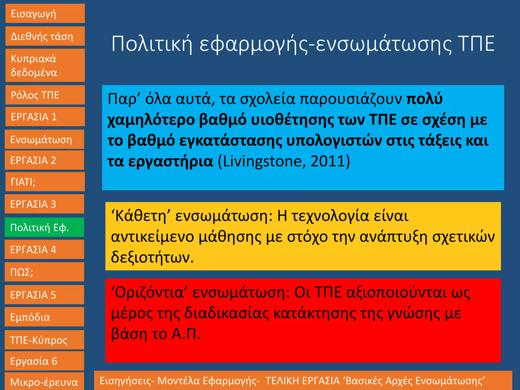 Εισαγωγή
Διεθνής τάση
Κυπριακά
δεδομένα
Ρόλος ΤΠΕ
ΕΡΓΑΣΙΑ 1
Ενσωμάτωση
ΓΙΑΤΙ;
ΕΡΓΑΣΙΑ 3
Πολιτική Εφ.
ΕΡΓΑΣΙΑ 4
ΠΩΣ;
ΕΡΓΑΣΙΑ 5
Εμπόδια
ΤΠΕ-Κύπρος
Εργασία 6
Μικρο-έρευνα Εισηγήσεις- Μοντέλα Εφαρμογής- ΤΕΛΙΚΗ ΕΡΓΑΣΙΑ ‘Βασικές Αρχές Ενσωμάτωσης’
ΕΡΓΑΣΙΑ 2
Παρ’ όλα αυτά, τα σχολεία παρουσιάζουν πολύ
χαμηλότερο βαθμό υιοθέτησης των ΤΠΕ σε σχέση με
το βαθμό εγκατάστασης υπολογιστών στις τάξεις και
τα εργαστήρια (Livingstone, 2011)
Πολιτική εφαρμογής-ενσωμάτωσης ΤΠΕ
‘Κάθετη’ ενσωμάτωση: Η τεχνολογία είναι
αντικείμενο μάθησης με στόχο την ανάπτυξη σχετικών
δεξιοτήτων.
‘Οριζόντια’ ενσωμάτωση: Οι ΤΠΕ αξιοποιούνται ως
μέρος της διαδικασίας κατάκτησης της γνώσης με
βάση το Α.Π.
 