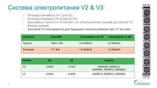 Система электропитания V2 & V3
26
ü  Отказоустойчивость N+1 для DC
ü  Отказоустойчивость N+N для AC/DC
ü  Для работы Typhoon и Tomahawk LCs в большинстве случаев достаточно V2
блоков питания
ü  Система V3 планируется для будущего использования при 1T на слот
Version AC DC Chassis
V2 3.0KW 2.1KW ASR9006, ASR9010,
ASR9904, ASR9912, ASR9922
V3 6.0KW 4.4KW ASR9010, ASR9912, ASR9922
Line Card Used BW Consumption at 27C Consumption at 40C
Typhoon 360G / Slot 2.8 Watts/G 3.5 Watts/G
Tomahawk 1T / Slot 1.6 Watts/G 1.9 Watts/G
 