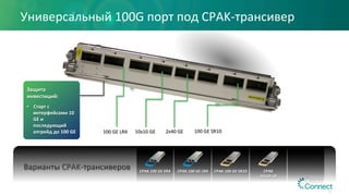 CPAK	100	GE	LR4	CPAK	100	GE	ER4	 CPAK		
10x10-LR	
CPAK	100	GE	SR10	
Варианты	CPAK-трансиверов	
100	GE	LR4	 10x10	GE	 2x40	GE	 100	GE	SR10	
Защита	
инвестиций:	
	
•  Старт	с	
интерфейсами	10	
GE	и	
последующий	
апгрейд	до	100	GE	
Универсальный	100G	порт	под	CPAK-трансивер	
40
 