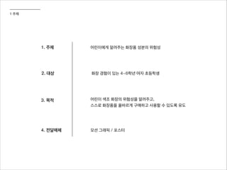 1 주제
1. 주제 어린이에게 알려주는 화장품 성분의 위험성
2. 대상 화장 경험이 있는 4~6학년 여자 초등학생
3. 목적 어린이 색조 화장의 위험성을 알려주고,
스스로 화장품을 올바르게 구매하고 사용할 수 있도록 유도
4. 전달매체 모션 그래픽 / 포스터
 