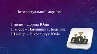Інтелектуальний марафон 
І місце – Доріна Юлія 
ІІ місце – Павлишина Людмила 
ІІІ місце – Ніколайчук Юлія 
 