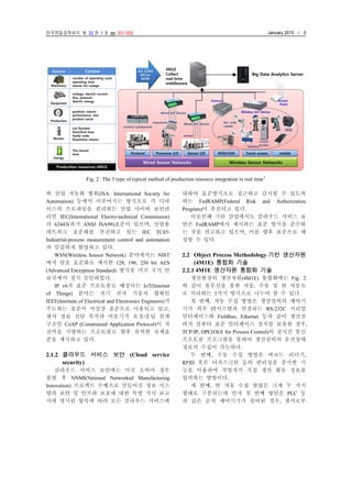 한국정밀공학회지 제 32 권 1 호 pp. 001-002 January 2015 / 3
와 산업 자동화 협회(ISA: International Society for
Automation) 등에서 이루어지는 방식으로 각 디바
이스의 프로파일을 관리하는 산업 사이버 보안관
리인 IEC(International Electro-technical Commission)
의 62443(과거 ANSI ISA99)표준이 있으며, 산업용
네트워크 표준화를 추진하고 있는 IEC TC65:
Industrial-process measurement control and automation
과 밀접하게 협업하고 있다.
WSN(Wireless Sensor Network) 분야에서는 NIST
에서 암호 표준화로 제시한 128, 196, 256 bit AES
(Advanced Encryption Standard) 방식을 미국 국가 안
보국에서 정식 승인하였다.
IP v6가 표준 프로토콜로 예상되는 IoT(Internet
of Things) 분야는 전기 전자 기술자 협회인
IEEE(Institute of Electrical and Electronics Engineers)가
주도하는 표준이 사실상 표준으로 사용되고 있고,
센서 정보 전달 목적과 비동기적 요청/응답 설계
구조인 CoAP (Constrained Application Protocol)이 저
전력을 지향하는 프로토콜로 향후 유력한 국제표
준을 제시하고 있다.
2.1.2 클라우드 서비스 보안 (Cloud service
security)
클라우드 서비스 보안에는 미국 오바마 정부
출범 후 NNMI(National Networked Manufacturing
Innovation) 프로젝트 수행으로 만들어진 정보 시스
템의 보안 및 인프라 보호에 대한 특별 지시 보고
서에 명시된 항목에 따라 모든 클라우드 서비스에
대하여 표준방식으로 접근하고 감시할 수 있도록
하는 FedRAMP(Federal Risk and Authorization
Program)이 추진되고 있다.
이로인해 기타 산업에서도 클라우드 서비스 보
안은 FedRAMP에서 제시하는 표준 방식을 준수하
는 것을 권고하고 있으며, 이를 향후 표준으로 예
상할 수 있다.
2.2 Object Process Methodology 기반 생산자원
(4M1E) 통합화 기술
2.2.1 4M1E 생산자원 통합화 기술
생산현장의 생산자원(4M1E) 통합화에는 Fig. 2
와 같이 유무선을 통한 자동, 수동 및 반 자동으
로 처리하는 3가지 방식으로 나누어 볼 수 있다.
첫 번째, 자동 수집 방법은 생산설비의 제어기
기가 외부 IT시스템과 연결되는 RS-232C 시리얼
인터페이스와 Fieldbus, Ethernet 등과 같이 생산설
비가 컴퓨터 표준 인터페이스 장치를 보유한 경우,
TCP/IP, OPC(OLE for Process Control)의 실시간 통신
프로토콜 프로그램을 통하여 생산설비의 운전상태
정보의 수집이 가능하다.
두 번째, 수동 수집 방법은 바코드 리더기,
RFID 혹은 터치스크린 등의 편리성을 중시한 기
능을 이용하여 작업자가 직접 생산 활동 정보를
입력하는 방법이다.
세 번째, 반 자동 수집 방법은 크게 두 가지
형태로 구분되는데 먼저 첫 번째 방안은 PLC 등
과 같은 순차 제어기기가 설비된 경우, 센서로부
Fig. 2 The 3 type of typical method of production resource integration in real time3
 