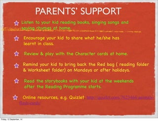 OBSERVATION 
Observation will be carried out while the kids are singing and saying 
rhymes, having simple conversation taught, doing role plays, being 
engaged in reading simple books, recognizing words taught, etc. 
Friday, 12 September, 14 
 