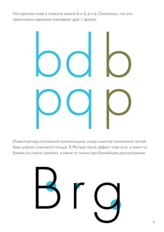 На картинке ниже я сложила вместе b и d, p и q. Оказалось, что они
практически идеально совпадают друг с другом.
Известный вид оптической компенсациии, когда в местах сочленения частей
букв штрихи становятся тоньше. В Футуре такой эффект тоже есть; в каких-то
буквах он сильно заметен, в каких-то только при ближайшем рассмотрении.
9
 