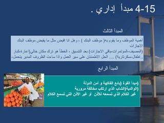 4-15. ‫إداري‬ ‫مبدأ‬
‫البنك‬ ‫موظف‬ ‫يقبض‬ ‫ما‬ ‫مثل‬ ‫اقبض‬ ‫انا‬ ‫وهل‬ ، ( ‫البنك‬ ‫موظف‬ )‫به‬ ‫يقوم‬ ‫وما‬ ‫الموظف‬ ‫أهمية‬
‫الاجازات‬
‫خالي)اعارة-كبار‬ ‫مكان‬ ‫ترك‬ ‫هو‬ ‫الخطأ‬ ، ‫التنسيق‬ ‫بعد‬ (‫الاجازات‬ ‫)المصيف-المؤتمرات-باقي‬
-‫يتحمل‬ ‫المدير‬ ‫الظروف‬ ‫ساءت‬ ‫واذا‬ ‫العمل‬ ‫سير‬ ‫على‬ ‫المطمئنان‬ ‫الحل‬ .... (‫..امطفال-سكرتارية‬
‫الدولة‬ ‫أمن‬ ‫و‬ ‫الفاكهة‬ ‫)بائع‬ ‫القوة‬ ‫)مبدأ‬
‫مرورية‬ ‫مخالفة‬ ‫ارتكب‬ ‫الذي‬ ‫)الوالدية)الشاب‬
‫الكل م‬ ‫تسمع‬ ‫التي‬ ‫النذن‬ ‫غير‬ ‫أو‬ ‫للنذن‬ ‫تسمعه‬ ‫الذي‬ ‫الكل م‬ ‫غير‬
‫الثالث‬ ‫المبدأ‬
‫الرابع‬ ‫المبدأ‬
 