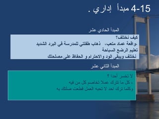 4-15. ‫إداري‬ ‫مبدأ‬
‫نختلف؟‬ ‫كيف‬
‫الشديد‬ ‫البرد‬ ‫في‬ ‫للمدرسة‬ ‫طفلتي‬ ‫نذهاب‬ ،‫متعب‬ ‫عماد‬ ‫،واقعة‬
‫السباحة‬ ‫الرضع‬ ‫تعليم‬
‫مصلحتك‬ ‫على‬ ‫الحفاظ‬ ‫و‬ ‫والحترا م‬ ‫الود‬ ‫ويبقى‬ ‫نختلف‬
‫؟‬ ‫أحدا‬ ‫تخسر‬ ‫ل‬
‫فيه‬ ‫من‬ ‫كل‬ ‫تخاصم‬ ‫عمل‬ ‫تترك‬ ‫ما‬ ‫كل‬ ،
‫به‬ ‫صلتك‬ ‫قطعت‬ ‫العمل‬ ‫تحبه‬ ‫ل‬ ‫احد‬ ‫ترك‬ ‫وكلما‬
‫عشر‬ ‫الحادي‬ ‫المبدأ‬
‫عشر‬ ‫الثاني‬ ‫المبدأ‬
 