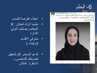 6‫الحلم‬ -
•‫للشباب‬ ‫الفرصة‬ ‫اعطاء‬
•: ‫المكان‬ ‫اترك‬ ‫عندما‬6
‫لتولي‬ ‫يصلحوا‬ ‫أشخاص‬
‫الادارة‬
•‫القسام‬ ‫مشرفي‬
( ‫)ترقيا ت‬
•‫لتحقيق‬ ‫لكم‬ ‫المستمر‬ ‫الدعم‬
‫و‬ ‫الشخصى‬ ‫طموحكم‬
‫المكان‬ ‫لتستقرار‬
 