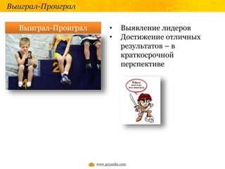 Выиграл-Проиграл
Выиграл-Проиграл • Выявление лидеров
• Достижение отличных
результатов – в
краткосрочной
перспективе
www.pryaniky.com
 