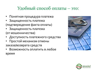 Удобный способ оплаты – это:
• Понятная процедура платежа
• Защищенность платежа
(подтверждение факта оплаты)
• Защищенность платежа
(от мошенничества)
• Доступность платежного средства
• Простой механизм отмены
заказа/возврата средств
• Возможность оплатить в любое
время
 