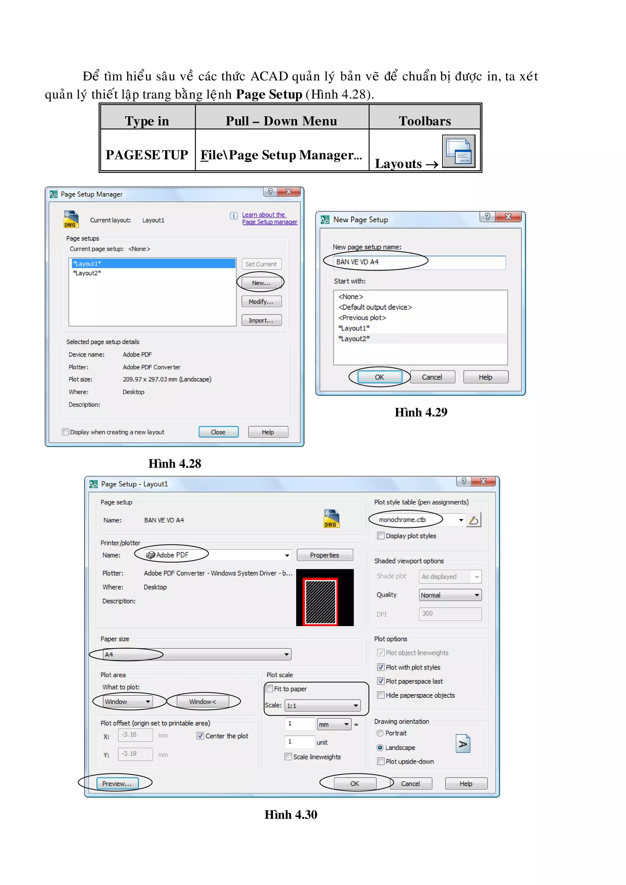 Ñeå tìm hieåu saâu veà caùc thöùc ACAD quaûn lyù baûn veõ ñeå chuaån bò ñöôïc in, ta xeùt
quaûn lyù thieát laäp trang baèng leänh Page Setup (Hình 4.28).
Type in Pull – Down Menu Toolbars
PAGESETUP FilePage Setup Manager…
Layouts 
Hình 4.28
Hình 4.29
Hình 4.30
 