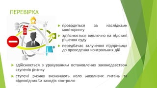 ПЕРЕВІРКА
 проводиться за наслідками
моніторингу
 здійснюється виключно на підставі
рішення суду
 передбачає залучення підприємця
до проведення контрольних дій
 здійснюється з урахуванням встановлених законодавством
ступенів ризику
 ступені ризику визначають коло можливих питань та
відповідних їм заходів контролю
 
