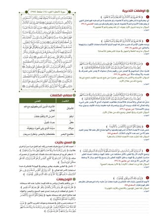 ‫الكلمات‬ ‫معاني‬
‫التدبرية‬ ‫الوقفات‬
‫التوجيهات‬
،‫�بحانه‬�‫س‬ ‫اهلل‬ ‫�د‬�‫عن‬ ‫�ة‬�‫عالي‬ ‫�ة‬�‫قيم‬ ‫�ه‬�‫فل‬ ‫�ه‬�‫ب‬ ‫�ر‬�‫ويأم‬ ‫�دل‬�‫بالع‬ ‫�م‬�‫يتكل‬ ‫�ن‬�‫م‬ . 1
.‫ﮫﭼ‬ ‫ﮪ‬ ‫ﮩ‬ ‫ﮨ‬ ‫ﮧ‬‫ﮦ‬ ‫ﮥ‬ ‫ﮤ‬ ‫ﮣ‬ ‫ﮢ‬ ‫ﭽﮡ‬
‫والفؤاد؛‬ ،‫والبصر‬ ،‫السمع‬ :‫نعم‬ ‫إحدى‬ ‫مرضت‬ ‫أو‬ ‫تعطلت‬ ‫لو‬ ‫ختيل‬ . 2
‫ﯯ‬‫ﯮ‬‫ﯭ‬‫ﯬ‬‫ﭽ‬ ،‫عليها‬ ‫سبحانه‬ ‫اهلل‬ ‫اشكر‬ ‫حالك؟‬ ‫فما‬
.‫ﭼ‬‫ﯳ‬‫ﯲ‬‫ﯱ‬‫ﯰ‬
‫ﭮ‬‫ﭽ‬،‫األمور‬‫�ب‬�‫ي‬‫لتقر‬‫�ك؛‬�‫ت‬‫ودعو‬‫�ك‬�‫ح‬‫نص‬‫يف‬‫�ل‬�‫ث‬‫امل‬‫�رب‬�‫ض‬‫�تخدم‬�‫س‬‫ا‬.3
‫ﭼ‬‫ﭻ‬‫ﭺ‬‫ﭹ‬‫ﭸ‬‫ﭷ‬‫ﭶ‬‫ﭵ‬‫ﭴ‬‫ﭳ‬‫ﭲ‬‫ﭱ‬‫ﭰ‬‫ﭯ‬
.‫ﮃﭼ‬‫ﮂ‬‫ﮁ‬‫ﮀ‬‫ﭿ‬‫ﭾ‬‫ﭽ‬
‫باآليات‬ ‫العمل‬
‫وأخرى‬ً‫ا‬‫�ر‬�‫س‬‫�رة‬�‫م‬‫�ق‬�‫أنف‬‫�م‬�‫ث‬،‫�ه‬�‫ورزق‬‫�ه‬�‫نعم‬‫�ك‬�‫علي‬‫�بغ‬�‫أس‬‫أن‬‫اهلل‬‫�د‬�‫امح‬.1
.‫ﮀﭼ‬‫ﭿ‬‫ﭾ‬‫ﭽ‬‫ﭼ‬‫ﭻ‬‫ﭺ‬‫ﭹ‬‫ﭸ‬‫ﭷ‬‫ﭽ‬،ً‫عالنية‬
‫يرك‬�‫مص‬ ‫أن‬ ‫�ل‬�‫ختي‬ ‫�م‬�‫ث‬ ،‫�أة‬�‫فج‬ ‫�ات‬�‫م‬ ‫�ك‬�‫ل‬ ‫�ا‬�‫صديق‬ ‫أو‬ ‫�ا‬�‫قريب‬ ‫�ر‬�‫تذك‬ . 2
‫ﯟ‬‫ﯞ‬ ‫ﯝ‬‫ﯜ‬‫ﯛ‬‫ﯚ‬‫ﯙ‬‫ﯘ‬ ‫ﯗ‬‫ﯖ‬‫ﯕ‬ ‫ﯔ‬‫ﭽﯓ‬ ،‫مثله‬
.‫ﭼ‬‫ﯢ‬‫ﯡ‬‫ﯠ‬
‫ه��ذا‬ ‫فتفك��رك‬ !‫اهل��واء؟‬ ‫يف‬ ‫ويعل��و‬ ‫يط�ير‬ ‫كي��ف‬ ‫الط�ير‬ ‫يف‬ ‫تأم��ل‬ . 3
‫ﯻ‬‫ﯺ‬‫ﯹ‬ ‫ﯸ‬‫ﯷ‬‫ﯶ‬‫ﯵ‬‫ﭽ‬ ،‫�اىل‬�‫تع‬ ‫اهلل‬ ‫�ر‬�‫ألم‬ ‫�تجابة‬�‫اس‬
.‫ﰇﭼ‬ ‫ﰆ‬ ‫ﰅ‬ ‫ﰄ‬‫ﰃ‬ ‫ﰂ‬‫ﰁ‬‫ﰀ‬‫ﯿ‬ ‫ﯾ‬ ‫ﯽ‬ ‫ﯼ‬
1
2
3
4
5
6
7
‫ﭼ‬ ‫ﭫ‬‫ﭪ‬‫ﭩ‬‫ﭨ‬‫ﭧ‬ ‫ﭦ‬‫ﭥ‬‫ﭤ‬‫ﭣ‬‫ﭢ‬‫ﭡ‬‫ﭽ‬
.‫للنهي‬‫تعليل‬‫فهو‬‫عليه؛‬‫جرأمت‬‫ملا‬‫علمتموه‬‫ولو‬،‫تعلمونه‬‫ال‬‫وأنتم‬‫تشركون‬‫ما‬‫قبح‬‫يعلم‬:‫أي‬
.534/4:‫القامسي‬.‫نصه‬‫دون‬‫وقياسكم‬‫رأيكم‬‫فدعوا‬،‫تعلمونه‬‫ال‬‫وأنتم‬‫األشياء‬‫كنه‬‫يعلم‬‫أو‬
‫تعلمون)؟‬ ‫ال‬ ‫وأنتم‬ ‫يعلم‬ ‫اهلل‬ ‫(إن‬ :‫بقوله‬ ‫اآلية‬ ‫تذييل‬ ‫وجه‬ ‫ما‬ :‫السؤال‬
‫ﭼ‬ ‫ﭫ‬‫ﭪ‬‫ﭩ‬‫ﭨ‬‫ﭧ‬ ‫ﭦ‬‫ﭥ‬‫ﭤ‬‫ﭣ‬‫ﭢ‬‫ﭡ‬‫ﭽ‬
‫هوها‬ّ‫ب‬��‫وش‬،‫اإلهلية‬‫�ات‬�‫صف‬‫لألصنام‬‫�وا‬�‫أثبت‬‫�م‬�‫أنه‬‫هلل‬‫�ل‬�‫مث‬‫�رب‬�‫ض‬‫�راك‬�‫اإلش‬‫�ون‬�‫ك‬‫�ه‬�‫ووج‬
.223/14:‫�ور‬�‫عاش‬‫ابن‬.‫�ق‬�‫باخلال‬
‫لألصنام؟‬ ‫املشركني‬ ‫عبادة‬ ‫يف‬ ‫واجلهل‬ ‫اخلطأ‬ ‫وجه‬ ‫ما‬ :‫السؤال‬
‫ﭼ‬‫ﭻ‬‫ﭺ‬‫ﭹ‬‫ﭸ‬‫ﭷ‬‫ﭶ‬‫ﭵ‬‫ﭴ‬‫ﭳ‬‫ﭲ‬‫ﭱ‬‫ﭰ‬‫ﭯ‬‫ﭮ‬‫ﭽ‬
‫ﭼ‬‫ﮋ‬‫ﮊ‬‫ﮉ‬‫ﮈ‬‫ﮇ‬‫ﮆ‬‫ﮅ‬‫ﮄ‬‫ﮃ‬‫ﮂ‬‫ﮁ‬‫ﮀ‬‫ﭿ‬‫ﭾ‬‫ﭽ‬
‫يف‬ ‫ف‬ّ‫ر‬��‫تص‬ ‫�ى‬�‫عل‬ ‫�در‬�‫يق‬ ‫ال‬ ‫�وك‬�‫ممل‬ ‫�ال‬�‫حب‬ ‫�م‬�‫رزقه‬ ‫�ن‬�‫ع‬ ‫�ز‬�‫العج‬ ‫يف‬ ‫�م‬�‫أصنامه‬ ‫�ال‬�‫ح‬ ‫ه‬ّ‫ب‬��‫فش‬
.223/14:‫�ور‬�‫عاش‬ ‫�ن‬�‫اب‬ .ً‫ال‬‫�ا‬�‫م‬ ‫�ك‬�‫ميل‬ ‫وال‬ ،‫�ه‬�‫نفس‬
،‫غريها‬ ‫تنفع‬ ‫فكيف‬ ،‫نفسها‬ ‫نفع‬ ‫عن‬ ‫عاجزة‬ ‫والقبور‬ ‫واألضرحة‬ ‫األصنام‬ :‫السؤال‬
.‫اآلية‬ ‫خالل‬ ‫من‬ ‫ذلك‬ ‫وضح‬
‫ﭼ‬‫ﭻ‬‫ﭺ‬‫ﭹ‬‫ﭸ‬‫ﭷ‬‫ﭶ‬‫ﭵ‬‫ﭴ‬‫ﭳ‬‫ﭲ‬‫ﭱ‬‫ﭰ‬‫ﭯ‬‫ﭮ‬‫ﭽ‬
‫ﭼ‬‫ﮋ‬‫ﮊ‬‫ﮉ‬‫ﮈ‬‫ﮇ‬‫ﮆ‬‫ﮅ‬‫ﮄ‬‫ﮃ‬‫ﮂ‬‫ﮁ‬‫ﮀ‬‫ﭿ‬‫ﭾ‬‫ﭽ‬
،‫�يء‬�‫ش‬ ‫�ى‬�‫عل‬ ‫�در‬�‫يق‬ ‫ال‬ ‫�ذي‬�‫ال‬ ‫�وك‬�‫اململ‬ ‫�د‬�‫كالعب‬ ‫�ام‬�‫فاألصن‬ ‫�ام؛‬�‫ولألصن‬ ‫�اىل‬�‫تع‬ ‫هلل‬ ٌ‫�ل‬�‫مث‬
‫بينه‬‫�وي‬�‫يس‬‫فكيف‬،‫�اء‬�‫يش‬‫�ف‬�‫كي‬‫�ه‬�‫في‬‫�رف‬�‫ويتص‬‫�رزق‬�‫ال‬‫�ده‬�‫وبي‬،‫�ك‬�‫املل‬‫�ه‬�‫ل‬‫�اىل‬�‫تع‬‫واهلل‬
.432/1:‫�زي‬�‫ج‬ ‫�ن‬�‫اب‬ !‫�ام؟‬�‫األصن‬‫وب�ين‬
.‫اآلية‬ ‫خالل‬ ‫من‬ ‫ذلك‬ ‫وضح‬ ،‫العقل‬ ‫ينايف‬ ‫الشرك‬ :‫السؤال‬
‫ﭼ‬ ‫ﯰ‬‫ﯯ‬‫ﯮ‬‫ﯭ‬‫ﯬ‬‫ﭽ‬
‫للعبد‬‫يصل‬‫فال‬‫علم؛‬‫لكل‬‫�اح‬�‫مفت‬‫وألنها‬،‫وفضلها‬‫�رفها‬�‫لش‬‫الثالثة‬‫�اء‬�‫األعض‬‫�ذه‬�‫ه‬‫�ص‬�‫خ‬
.445:‫السعدي‬ .‫الثالثة‬ ‫األبواب‬ ‫هذه‬ ‫أحد‬ ‫من‬ ‫إال‬ ‫علم‬
‫بالذكر؟‬ ‫الثالثة‬ ‫األعضاء‬ ‫هذه‬ ‫ت‬ َّ‫ص‬ ُ‫خ‬ ‫ملاذا‬ :‫السؤال‬
‫ﭼ‬‫ﰇ‬‫ﰆ‬‫ﰅ‬‫ﰄ‬‫ﰃ‬‫ﰂ‬‫ﰁ‬‫ﰀ‬‫ﯿ‬‫ﯾ‬‫ﯽ‬‫ﯼ‬‫ﯻ‬‫ﯺ‬‫ﯹ‬‫ﯸ‬‫ﯷ‬‫ﯶ‬‫ﯵ‬‫ﭽ‬
‫الطري‬ ‫أجساد‬ ‫وخلقة‬ ،‫اهلواء‬ ‫خلقة‬ :‫من‬ ‫خمتلفة‬ ‫دالئل‬ ‫الطري‬ ‫يف‬ ‫ألن‬ ‫اآليات‬ ‫ومجع‬
‫يسقط‬ ‫ال‬ ‫وبأن‬ ،‫اجلو‬ ‫يف‬ ‫يسبح‬ ‫بأن‬ ‫للطري‬ ‫اإلهلام‬ ‫وخلق‬ ،‫اهلواء‬ ‫يف‬ ‫للطريان‬ ‫مناسبة‬
.236/14:‫عاشور‬ ‫ابن‬ .‫بإرادته‬ ‫إال‬ ‫األرض‬ ‫إىل‬
‫اجلمع؟‬ ‫بصيغة‬ ‫اآلية‬ ‫يف‬ )‫(آليات‬ :‫لفظة‬ ‫وردت‬ ‫ملاذا‬ :‫السؤال‬
‫ﭼ‬‫ﰇ‬ ‫ﰆ‬‫ﰅ‬‫ﰄ‬‫ﰃ‬‫ﰂ‬‫ﭽ‬
‫نظرهم‬‫فإن‬‫غريهم‬‫�ا‬�‫وأم‬،‫عليه‬ ً‫آية‬‫جعلت‬‫�ا‬�‫فيم‬‫�رون‬�‫املتفك‬،‫اهلل‬‫�ات‬�‫بآي‬‫�ون‬�‫املنتفع‬‫�م‬�‫ألنه‬
.445:‫�عدي‬�‫الس‬.‫وغفلة‬‫هلو‬‫نظر‬
‫الكونية؟‬ ‫باآليات‬ ‫باالنتفاع‬ ‫املؤمنون‬ َّ‫ص‬ ُ‫خ‬ ‫ملاذا‬ :‫السؤال‬
)275( ‫صفحة‬ )14( ‫الجزء‬ )‫(النحل‬ ‫سورة‬
‫الكلمة‬‫املعنى‬
َ‫ال‬َ‫ث‬‫م‬َ‫األ‬ِ‫هلل‬‫ا‬ َ‫ع‬َ‫م‬ ‫ُم‬‫ه‬َ‫ن‬‫و‬ ُ‫ك‬ِ‫شر‬ُ‫ت‬ َ‫ين‬ِ‫ذ‬َّ‫ال‬ َ‫ه‬‫ا‬َ‫ب‬‫ش‬َ‫األ‬
. َ‫ال‬َ‫ع‬َ‫ت‬
ُ‫م‬َ‫ك‬‫ب‬َ‫أ‬.ً‫ة‬َ‫لق‬ ِ‫خ‬ ُ‫م‬َّ‫ل‬َ‫ك‬َ‫ت‬َ‫ي‬ ‫ال‬ ُ‫س‬َ‫خر‬َ‫أ‬
ٌّ‫ل‬ َ‫ك‬.ٌ‫يل‬ِ‫ق‬َ‫ث‬ ،ٌ‫ء‬‫ب‬ِ‫ع‬
ُ‫ه‬‫وال‬َ‫م‬.ُ‫ه‬ُ‫ل‬‫و‬ُ‫ع‬َ‫ي‬َ‫و‬ ،ُ‫ه‬َ‫ر‬‫و‬ُ‫م‬ُ‫أ‬ ‫ي‬ِ‫ل‬َ‫ي‬ ‫ي‬ِ‫ذ‬َّ‫ال‬ ُ‫ه‬ُ‫د‬ِّ‫ي‬ َ‫س‬
ِ‫ر‬ َ‫ص‬َ‫ب‬‫ال‬ ِ‫مح‬َ‫ل‬ َ‫ك‬.ٍ‫ة‬َ‫ع‬‫ي‬ِ‫ر‬ َ‫س‬ ٍ‫ة‬َ‫ظر‬َ‫ن‬َ‫و‬ ،ِ‫ر‬ َ‫ص‬َ‫ب‬‫ال‬ِ‫ب‬ ٍ‫ة‬َ‫طف‬ َ‫خ‬ َ‫ك‬
 