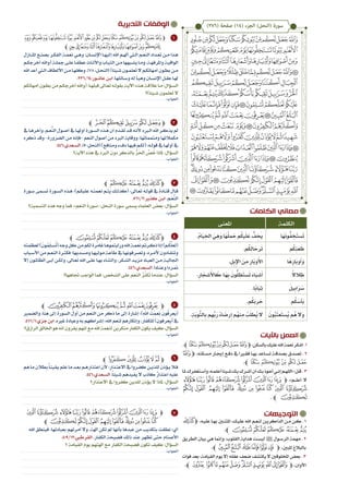 ‫الكلمات‬ ‫معاني‬
‫التدبرية‬ ‫الوقفات‬
‫التوجيهات‬
‫ﭽﮀ‬ ،‫�ه‬�‫علي‬ ‫�ا‬�‫به‬ ‫املثن�ين‬ ،‫�ك‬�‫علي‬ ‫اهلل‬ ‫�م‬�‫لنع‬ ‫�ن‬�‫الذاكري‬ ‫�ن‬�‫م‬ ‫�ن‬�‫ك‬ . 1
.‫ﭼ‬‫ﮅ‬‫ﮄ‬‫ﮃ‬ ‫ﮂ‬‫ﮁ‬
‫الطريق‬ ‫بيان‬ ‫هي‬ ‫وإمنا‬ ،‫القلوب‬ ‫هداية‬ ‫�ت‬�‫ليس‬ × ‫�ول‬�‫الرس‬ ‫مهمة‬ . 2
.‫ﭼ‬‫ﮌ‬‫ﮋ‬‫ﮊ‬‫ﮉ‬‫ﮈ‬‫ﮇ‬‫ﭽ‬ ،‫املبني‬ ‫بالبالغ‬
‫فوات‬‫بعد‬،‫القيامة‬‫يوم‬‫إال‬‫عقله‬‫ضعف‬‫يكتشف‬‫ال‬‫املخلوقني‬‫بعض‬.3
.‫ﯱﭼ‬ ‫ﯰ‬‫ﯯ‬‫ﯮ‬‫ﯭ‬‫ﯬ‬‫ﯫ‬‫ﯪ‬‫ﯩ‬‫ﯨ‬‫ﭽﯧ‬،‫األوان‬
‫باآليات‬ ‫العمل‬
.‫ﭼ‬‫ﭖ‬‫ﭕ‬‫ﭒﭓﭔ‬‫ﭑ‬‫ﭽ‬،‫بالسكن‬‫عليك‬‫اهلل‬‫نعمة‬‫اشكر‬.1
‫ﭑ‬‫ﭽ‬ ،‫�كنه‬�‫مس‬ ‫�ار‬�‫إجي‬ ‫�ع‬�‫دف‬ ‫يف‬ ‫يرا‬�‫فق‬ ‫�ا‬�‫به‬ ‫�اعد‬�‫تس‬ ‫�ة‬�‫بصدق‬ ‫�دق‬�‫تص‬ . 2
.‫ﭼ‬‫ﭖ‬‫ﭕ‬‫ﭔ‬‫ﭓ‬‫ﭒ‬
‫�ا‬�‫مل‬‫�تغفرك‬�‫وأس‬،‫�ه‬�‫أعلم‬‫�يئا‬�‫ش‬‫�ك‬�‫ب‬‫�رك‬�‫أش‬‫أن‬‫�ك‬�‫ب‬‫�وذ‬�‫أع‬‫�ي‬�‫إن‬‫�م‬�‫«الله‬:‫�ل‬�‫ق‬.3
‫ﯙ‬‫ﯘ‬‫ﯗ‬‫ﯖ‬‫ﯕ‬‫ﯔ‬‫ﯓ‬‫ﮱ‬‫ﭽ‬ ،»‫أعل��م‬ ‫ال‬
‫ﯤ‬ ‫ﯣ‬ ‫ﯢ‬ ‫ﯡ‬ ‫ﯠ‬‫ﯟ‬ ‫ﯞ‬ ‫ﯝ‬‫ﯜ‬ ‫ﯛ‬ ‫ﯚ‬
. ‫ﭼ‬ ‫ﯥ‬
1
2
3
4
5
6
7
‫ﭞﭟﭠ‬‫ﭝ‬‫ﭜ‬‫ﭛ‬‫ﭚ‬‫ﭙ‬‫ﭘ‬‫ﭗ‬‫ﭖ‬‫ﭕ‬‫ﭔ‬‫ﭓ‬‫ﭒ‬‫ﭑ‬‫ﭽ‬
‫ﭼ‬‫ﭪ‬‫ﭩ‬‫ﭨ‬‫ﭤﭥﭦﭧ‬‫ﭣ‬‫ﭢ‬‫ﭡ‬
‫�ازل‬�‫املن‬ ‫�ع‬�‫بصن‬ ‫�ر‬�‫الفك‬ ‫�ة‬�‫نعم‬ ‫�ي‬�‫وه‬ ‫�ان؛‬�‫اإلنس‬ ‫�ا‬�‫إليه‬ ‫اهلل‬ ‫�م‬�‫أهل‬ ‫تي‬�‫ال‬ ‫�م‬�‫النع‬ ‫�داد‬�‫تع‬ ‫�ن‬�‫م‬ ‫�ذا‬�‫ه‬
‫�م‬�‫أخرجك‬‫(واهلل‬‫�ة‬�‫مجل‬‫�ى‬�‫عل‬‫�ا‬�‫عطف‬‫�اث‬�‫واألث‬‫�اب‬�‫الثي‬‫�ن‬�‫م‬‫�بهها‬�‫يش‬‫�ا‬�‫وم‬،‫�ة‬�‫واملرفه‬‫�ة‬�‫الواقي‬
‫اهلل‬‫أعد‬‫تي‬�‫ال‬‫األلطاف‬‫�ن‬�‫م‬‫�ا‬�‫وكله‬.]78:‫�ل‬�‫[النح‬)‫�يئا‬�‫ش‬‫�ون‬�‫تعلم‬‫ال‬‫�م‬�‫أمهاتك‬‫�ون‬�‫بط‬‫�ن‬�‫م‬
.236/14:‫�ور‬�‫عاش‬‫�ن‬�‫اب‬.‫�ائلها‬�‫وس‬‫له‬‫�أ‬�‫وهي‬‫�ان‬�‫اإلنس‬‫�ل‬�‫عق‬‫�ا‬�‫هل‬
‫أمهاتكم‬‫�ون‬�‫بط‬‫من‬‫�م‬�‫أخرجك‬‫(واهلل‬:‫�ا‬�‫قبله‬‫�اىل‬�‫تع‬‫�ه‬�‫بقول‬‫�ة‬�‫اآلي‬‫�ذه‬�‫ه‬‫�ة‬�‫عالق‬‫�ا‬�‫م‬:‫�ؤال‬�‫الس‬
‫�يئا)؟‬�‫ش‬ ‫تعلمون‬ ‫ال‬
‫ﭼ‬‫ﭻ‬‫ﭺ‬‫ﭹ‬‫ﭸ‬‫ﭷ‬‫ﭽ‬
‫يف‬‫�ا‬�‫وآخره‬،‫�م‬�َ‫ع‬ِّ‫الن‬‫�ول‬�‫أص‬‫يف‬‫�ا‬�‫أوهل‬‫�ورة‬�‫الس‬‫�ذه‬�‫ه‬‫أن‬‫�دم‬�‫تق‬‫�د‬�‫ق‬‫�ه‬�‫ألن‬‫ال�برد‬‫اهلل‬‫�ر‬�‫يذك‬‫مل‬
‫ذكره‬ ‫وقد‬ -‫الضرورة‬ ‫من‬ ‫-فإنه‬ ‫النعم‬ ‫أصول‬ ‫من‬ ‫الربد‬ ‫ووقاية‬ ،‫ومتمماتها‬ ‫مكمالتها‬
.446:‫�عدي‬�‫الس‬.]5:‫[النحل‬)‫ومنافع‬‫دفء‬‫�ا‬�‫فيه‬‫�م‬�‫(لك‬:‫�ه‬�‫قول‬‫يف‬‫�ا‬�‫أوهل‬‫يف‬
‫اآلية؟‬ ‫هذه‬ ‫يف‬ ‫الربد‬ ‫دون‬ ‫بالذكر‬ ُّ‫ر‬َ‫احل‬ َّ‫ص‬ ُ‫خ‬ ‫ملاذا‬ :‫السؤال‬
‫ﭼ‬‫ﮃ‬‫ﮂ‬‫ﮁ‬‫ﮀ‬‫ﭽ‬
‫�ورة‬�‫س‬ ‫�مى‬�‫تس‬ ‫�ورة‬�‫الس‬ ‫�ذه‬�‫ه‬ :)‫�م‬�‫عليك‬ ‫�ه‬�‫نعمت‬ ‫�م‬�‫يت‬ ‫�ك‬�‫(كذل‬ :‫�اىل‬�‫تع‬ ‫�ه‬�‫قول‬ ‫يف‬ ‫�ادة‬�‫قت‬ ‫�ال‬�‫ق‬
.561/2:‫ير‬�‫كث‬ ‫�ن‬�‫اب‬ .‫�م‬�َ‫ع‬ِّ‫الن‬
‫التسمية؟‬ ‫هذه‬ ‫وجه‬ ‫فما‬ ،»‫النعم‬ َ‫ة‬‫«سور‬ :‫النحل‬ ‫سورة‬ ‫يسمي‬ ‫العلماء‬ ‫بعض‬ :‫السؤال‬
‫ﭼ‬‫ﮅ‬‫ﮄ‬‫ﮃ‬‫ﮂ‬‫ﮁ‬‫ﮀ‬‫ﭽ‬
‫لعظمته‬)َ‫ون‬ُ‫م‬ِ‫ل‬��‫س‬ُ‫ت‬(‫وجه‬‫كل‬‫من‬‫لكم‬‫غامرة‬‫�ا‬�‫ورأيتموه‬‫اهلل‬‫�ة‬�‫نعم‬‫�رمت‬�‫ذك‬‫إذا‬)‫�م‬�ُ‫ك‬َّ‫عل‬َ‫ل‬(
‫�باب‬�‫األس‬‫من‬‫�م‬�‫النع‬‫�رة‬�‫فكث‬‫�ديها؛‬�‫ومس‬‫�ا‬�‫موليه‬‫�ة‬�‫طاع‬‫يف‬‫�ا‬�‫وتصرفونه‬،‫�ره‬�‫ألم‬‫�ادون‬�‫وتنق‬
‫إال‬ ‫�ون‬�‫الظامل‬ ‫�ى‬�‫أب‬ ‫�ن‬�‫ولك‬ ،‫�اىل‬�‫تع‬ ‫اهلل‬ ‫�ى‬�‫عل‬ ‫�ا‬�‫به‬ ‫�اء‬�‫والثن‬ ،‫�كر‬�‫الش‬ ‫�د‬�‫مزي‬ ‫�اد‬�‫العب‬ ‫�ن‬�‫م‬ ‫�ة‬�‫اجلالب‬
.446:‫�عدي‬�‫الس‬.‫�ادا‬�‫وعن‬‫�ردا‬�‫مت‬
‫جتاهها؟‬ ‫الواجب‬ ‫فما‬ ،‫الشخص‬ ‫على‬ ‫النعم‬ ُ‫ر‬ُ‫ث‬‫ك‬َ‫ت‬ ‫عندما‬ :‫السؤال‬
‫ﮔﭼ‬‫ﮓ‬‫ﮒ‬‫ﮑ‬‫ﮐ‬‫ﮏ‬‫ﮎ‬‫ﭽ‬
‫والضمري‬ ،‫هنا‬ ‫إىل‬ ‫السورة‬ ‫أول‬ ‫من‬ ‫النعم‬ ‫من‬ ‫ذكر‬ ‫ما‬ ‫إىل‬ ‫إشارة‬ :)َِّ‫الل‬ َ‫ت‬َ‫عم‬ِ‫ن‬ َ‫ون‬ُ‫ف‬ِ‫َعر‬‫ي‬(
.471/1:‫جزي‬‫ابن‬.‫غريه‬‫وعبادة‬‫به‬‫إشراكهم‬:‫اهلل‬‫لنعم‬‫وإنكارهم‬،‫للكفار‬)‫(يعرفون‬‫يف‬
‫الرازق؟‬‫اخلالق‬‫هو‬‫أنه‬‫يقرون‬‫أنهم‬‫مع‬‫اهلل‬‫لنعمة‬‫منكرين‬‫الكفار‬‫يكون‬‫كيف‬:‫السؤال‬
‫ﭼ‬‫ﮠ‬‫ﮟ‬‫ﮞ‬‫ﮝ‬‫ﮜ‬‫ﭽ‬
‫هم‬‫ما‬‫بطالن‬ً‫ا‬��‫يقين‬‫علم‬‫ما‬‫�د‬�‫بع‬‫�م‬�‫اعتذاره‬‫ألن‬‫�ذار؛‬�‫االعت‬‫يف‬‫�روا‬�‫كف‬‫�ن‬�‫للذي‬‫�ؤذن‬�‫ي‬‫لا‬�‫ف‬
.446:‫�عدي‬�‫الس‬.ً‫ا‬‫�يئ‬�‫ش‬‫يفيدهم‬‫ال‬‫كاذب‬ ٌ‫ر‬‫اعتذا‬‫عليه‬
‫االعتذار؟‬ ‫يف‬ ‫كفروا‬ ‫للذين‬ ‫يؤذن‬ ‫ال‬ ‫ملاذا‬ :‫السؤال‬
‫ﯛ‬‫ﯚ‬‫ﯙ‬‫ﯘ‬‫ﯗ‬‫ﯖ‬‫ﯕ‬‫ﯔ‬‫ﯓ‬‫ﮱ‬‫ﭽ‬
‫ﯥﭼ‬‫ﯤ‬‫ﯣ‬‫ﯢ‬‫ﯡ‬‫ﯠ‬‫ﯟ‬‫ﯞ‬‫ﯝ‬‫ﯜ‬
‫اهلل‬ ‫فينطق‬ ،‫بعبادتها‬ ‫أمرتهم‬ ‫وال‬ ،‫آهلة‬ ‫تكن‬ ‫مل‬ ‫بأنها‬ ‫عبدها‬ ‫من‬ ‫بتكذيب‬ ‫نطقت‬ :‫أي‬
.409/12:‫القرطيب‬ .‫الكفار‬ ‫فضيحة‬ ‫ذلك‬ ‫عند‬ ‫تظهر‬ ‫حتى‬ ‫األصنام‬
‫؟‬ ‫القيامة‬ ‫يوم‬ ‫آهلتهم‬ ‫مع‬ ‫الكفار‬ ‫فضيحة‬ ‫تكون‬ ‫كيف‬ :‫السؤال‬
)276( ‫صفحة‬ )14( ‫الجزء‬ )‫(النحل‬ ‫سورة‬
‫الكلمة‬‫املعنى‬
‫َا‬‫ه‬َ‫ن‬‫و‬ُّ‫ف‬ ِ‫خ‬َ‫ت‬‫س‬َ‫ت‬.ُ‫م‬‫ا‬َ‫ي‬ِ‫اخل‬ َ‫ي‬ِ‫َه‬‫و‬ ‫َا‬‫ه‬ُ‫ل‬ َ‫ح‬ ‫م‬ُ‫ك‬‫ي‬َ‫ل‬َ‫ع‬ ُّ‫ف‬ِ َ‫ي‬
‫م‬ُ‫ك‬ِ‫ن‬‫ع‬ َ‫ظ‬.‫م‬ُ‫ك‬ِ‫ل‬‫ا‬ َ‫رح‬َ‫ت‬
‫ا‬َ‫ه‬ِ‫َار‬‫ب‬‫و‬َ‫أ‬َ‫و‬.ِ‫ل‬ِ‫ب‬ِ‫اإل‬ َ‫ن‬ِ‫م‬ ِ‫َار‬‫ب‬‫و‬َ‫األ‬
ً‫ال‬‫ال‬ ِ‫ظ‬.ِ‫ار‬ َ‫شج‬َ‫األ‬ َ‫ك‬ ‫َا؛‬‫ه‬ِ‫ب‬ َ‫ون‬ُّ‫ل‬ ِ‫ظ‬َ‫ت‬‫س‬َ‫ت‬ َ‫ء‬‫ا‬َ‫ي‬‫ش‬َ‫أ‬
َ‫يل‬ِ‫اب‬َ‫ر‬ َ‫س‬.‫ًا‬‫ب‬‫ا‬َ‫ي‬ِ‫ث‬
‫م‬ُ‫ك‬ َ‫َأس‬‫ب‬.‫م‬ُ‫ك‬َ‫ب‬‫ر‬ َ‫ح‬
َ‫ون‬ُ‫ب‬َ‫ت‬‫ع‬َ‫ت‬‫ُس‬‫ي‬ ‫م‬ُ‫ه‬ ‫َال‬‫و‬.ِ‫َة‬‫ب‬‫و‬َّ‫الت‬ِ‫ب‬ ‫م‬ِ‫ِّه‬‫ب‬َ‫ر‬ ُ‫ء‬‫ا‬ َ‫رض‬ِ‫إ‬ ‫ُم‬‫ه‬‫ن‬ِ‫م‬ ُ‫ب‬َ‫ل‬‫ُط‬‫ي‬ ‫ال‬
 