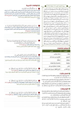 ‫الكلمات‬ ‫معاني‬
‫التدبرية‬ ‫الوقفات‬
‫التوجيهات‬
‫باآليات‬ ‫العمل‬
،‫القيام��ة‬ ‫وي��وم‬ ‫الدني��ا‬ ‫يف‬ ‫وبركته��ا‬ ‫نفعه��ا‬ ‫ترج��و‬ ‫بصدق��ة‬ ‫تص��دق‬ . 1
.‫ﭼ‬‫ﭾ‬ ‫ﭽ‬ ‫ﭼ‬ ‫ﭻ‬ ‫ﭺ‬‫ﭹ‬ ‫ﭸ‬ ‫ﭷ‬‫ﭽ‬
‫قراءة‬ ‫عند‬ ‫خاصة‬ ،‫للقرآن‬ ‫قراءتك‬ ‫عند‬ ‫الرجيم‬ ‫الشيطان‬ ‫من‬ ‫باهلل‬ ‫استعذ‬ . 2
.‫ﭼ‬‫ﮤ‬‫ﮣ‬‫ﮢ‬‫ﮡ‬‫ﮠ‬‫ﮟ‬‫ﮞ‬‫ﮝ‬‫ﭽ‬،‫الصالة‬‫يف‬‫الفاحتة‬
‫�م‬�‫ه‬‫علي‬ ‫�يطان‬�‫ش‬‫لل‬ ‫�س‬�‫ي‬‫ل‬ ‫�ن‬�‫ي‬‫الذ‬ ‫�اده‬�‫ب‬‫ع‬ ‫�ن‬�‫م‬ ‫�ك‬�‫ل‬‫جيع‬ ‫أن‬ ‫�اىل‬�‫ع‬‫ت‬ ‫اهلل‬ ‫�ل‬�‫س‬ . 3
.‫ﭼ‬‫ﮯ‬‫ﮮ‬‫ﮭ‬‫ﮬ‬‫ﮫ‬‫ﮪ‬‫ﮩ‬‫ﮨ‬‫ﮧ‬‫ﮦ‬‫ﭽ‬ ،‫سلطان‬
‫عمله‬‫عمل‬‫أفضل‬‫إىل‬‫ينظر‬‫القيامة‬‫يوم‬‫أنه‬‫الصابر‬‫على‬‫اهلل‬‫فضل‬‫من‬.1
‫ﮀ‬‫ﭽ‬،‫�ره‬�‫عم‬‫يف‬‫�دة‬�‫واح‬‫�رة‬�‫م‬‫إال‬‫�ه‬�‫يفعل‬‫مل‬‫�و‬�‫ول‬،‫�ه‬�‫أهل‬‫�ن‬�‫م‬‫�ل‬�‫وجيع‬
.‫ﭼ‬‫ﮇ‬‫ﮆ‬‫ﮅ‬‫ﮄ‬‫ﮃ‬‫ﮂ‬‫ﮁ‬
‫�ن‬�‫م‬ ‫�ة‬�‫للحماي‬ ‫�ببان‬�‫س‬ ‫�اىل‬�‫وتع‬ ‫�بحانه‬�‫س‬ ‫اهلل‬ ‫�ى‬�‫عل‬ ‫�وكل‬�‫والت‬ ‫�ان‬�‫اإلمي‬ . 2
‫ﮭ‬‫ﮬ‬‫ﮫ‬‫ﮪ‬‫ﮩ‬‫ﮨ‬‫ﮧ‬‫ﮦ‬‫ﭽ‬ ،‫ووساوس��ه‬ ‫إبلي��س‬ ‫ش��رور‬
.‫ﭼ‬ ‫ﮯ‬ ‫ﮮ‬
،‫اهلل‬ ‫دي��ن‬ ‫عل��ى‬ ‫الثب��ات‬ ‫أس��باب‬ ‫م��ن‬ ‫الق��رآن‬ ‫ق��راءة‬ ‫عل��ى‬ ‫املداوم��ة‬ . 3
‫ﯹ‬ ‫ﯸ‬ ‫ﯷ‬ ‫ﯶ‬ ‫ﯵ‬ ‫ﯴ‬ ‫ﯳ‬ ‫ﯲ‬ ‫ﯱ‬ ‫ﯰ‬‫ﭽ‬
.‫ﭼ‬ ‫ﯼ‬ ‫ﯻ‬ ‫ﯺ‬
1
2
‫ﭾﭼ‬‫ﭽ‬‫ﭼ‬‫ﭻ‬‫ﭺ‬‫ﭹ‬‫ﭸ‬‫ﭷ‬‫ﭽ‬
‫�د‬�‫ينف‬ ‫أن‬ ‫�د‬�‫ب‬ ‫ال‬ -ً‫ا‬‫�د‬�‫ج‬ ‫�ر‬�‫كث‬ ‫�و‬�‫-ول‬ ‫�م‬�‫عندك‬ ‫�ذي‬�‫ال‬ ‫�إن‬�‫ف‬ ‫�ى؛‬�‫يفن‬ ‫�ا‬�‫م‬ ‫�ى‬�‫عل‬ ‫�ى‬�‫يبق‬ ‫�ا‬�‫م‬ ‫�روا‬�‫فآث‬
‫�ي‬�‫الفان‬ ‫�ر‬�‫آث‬ ‫�ن‬�‫م‬ ‫�ل‬�‫بعاق‬ ‫�س‬�‫فلي‬ ،‫�زول‬�‫ي‬ ‫وال‬ ‫�ى‬�‫يفن‬ ‫ال‬ ،‫�ه‬�‫ببقائ‬ ‫�اق‬�‫ب‬ ‫اهلل‬ ‫�د‬�‫عن‬ ‫�ا‬�‫وم‬ ،‫�ى‬�‫ويفن‬
،‫�ا‬�‫الدني‬ ‫يف‬ ‫�د‬�‫الزه‬ ‫�ى‬�‫عل‬ ‫�ب‬�‫والرتغي‬ ‫�ث‬�‫احل‬ ‫�ذا‬�‫ه‬ ‫ويف‬ ... ‫�س‬�‫النفي‬ ‫�ي‬�‫الباق‬ ‫�ى‬�‫عل‬ ‫�يس‬�‫اخلس‬
.449-448:‫�عدي‬�‫الس‬.‫�د‬�‫العب‬‫على‬ً‫ا‬‫�رر‬�‫ض‬‫�ون‬�‫يك‬‫�ا‬�‫فيم‬‫�د‬�‫الزه‬‫�و‬�‫وه‬،‫املتع�ين‬‫�د‬�‫الزه‬ً‫ا‬��‫خصوص‬
‫اآلية؟‬ ‫هذه‬ ‫من‬ ‫العاقل‬ ‫املسلم‬ ‫يفيده‬ ‫الذي‬ ‫ما‬ :‫السؤال‬
‫ﭼ‬ ‫ﮔ‬‫ﮓ‬‫ﮒ‬‫ﮑ‬‫ﮐ‬‫ﮏ‬‫ﮎ‬‫ﮍ‬‫ﮌ‬‫ﮋ‬‫ﮊ‬‫ﮉ‬‫ﭽ‬
‫صاحلة‬ ً‫ال‬‫أعما‬ ‫�مى‬�‫تس‬ ‫ال‬ ‫بل‬ ،‫وقبوهلا‬ ‫الصاحلة‬ ‫األعمال‬ ‫صحة‬ ‫يف‬ ‫�رط‬�‫ش‬ ‫اإلميان‬ ‫فإن‬
‫من‬‫اجلوارح‬‫ألعمال‬‫�ر‬�‫املثم‬‫اجلازم‬‫التصديق‬‫�ه‬�‫فإن‬‫�ا؛‬�‫هل‬ ٍ‫�ض‬�‫مقت‬‫�ان‬�‫واإلمي‬،‫�ان‬�‫باإلمي‬‫إال‬
.449:‫السعدي‬ .‫واملستحبات‬ ‫الواجبات‬
‫اآلية؟‬ ‫هذه‬ ‫يف‬ ‫باإلميان‬ ‫الصاحلة‬ ‫األعمال‬ ‫اهلل‬ ‫د‬َّ‫ي‬َ‫ق‬ ‫ملاذا‬ :‫السؤال‬
‫ﮕ‬‫ﮔ‬‫ﮓ‬‫ﮒ‬‫ﮑ‬‫ﮐ‬‫ﮏ‬‫ﮎ‬‫ﮍ‬‫ﮌ‬‫ﮋ‬‫ﮊ‬‫ﮉ‬‫ﭽ‬
‫ﭼ‬‫ﮛ‬‫ﮚ‬‫ﮙ‬‫ﮘ‬‫ﮗ‬‫ﮖ‬
.176/4:‫تيمية‬ ‫ابن‬ .‫العمل‬ ‫إصالح‬ ‫مع‬ ‫السعادة‬ ‫ربط‬
‫هما؟‬ ‫ما‬ ،‫بأمرين‬ ‫اآلية‬ ‫يف‬ ‫الطيبة‬ ‫احلياة‬ ‫بطت‬ُ‫ر‬ :‫السؤال‬
‫ﭼ‬ ‫ﮤ‬‫ﮣ‬‫ﮢ‬‫ﮡ‬‫ﮠ‬‫ﮟ‬‫ﮞ‬‫ﮝ‬‫ﭽ‬
،‫عليه‬ ‫وخيلط‬ ،‫قراءته‬ ‫القارئ‬ ‫على‬ ‫يلبس‬ ‫لئال‬ :‫القراءة‬ ‫ابتداء‬ ‫عند‬ ‫االستعاذة‬ ‫يف‬ ‫املعنى‬
.566/2:‫كثري‬‫ابن‬.‫والتفكر‬‫التدبر‬‫من‬‫ومينعه‬
‫هي؟‬ ‫فما‬ ،‫الكريم‬ ‫القرآن‬ ‫تدبر‬ ‫وسائل‬ ‫من‬ ‫ناجعة‬ ‫وسيلة‬ ‫اآلية‬ ‫هذه‬ ‫يف‬ َ‫ر‬ ِ‫ك‬ُ‫ذ‬ :‫السؤال‬
‫ﭼ‬‫ﮯ‬‫ﮮ‬‫ﮭ‬‫ﮬ‬‫ﮫ‬‫ﮪ‬‫ﮩ‬‫ﮨ‬‫ﮧ‬‫ﮦ‬‫ﭽ‬
.473/1:‫جزي‬ ‫ابن‬ .‫إضالهلم‬ ‫على‬ ‫يقدر‬ ‫وال‬ ،‫سبيل‬ ‫عليهم‬ ‫له‬ ‫ليس‬ :‫أي‬
‫سبيل؟‬ ‫عليك‬ ‫للشيطان‬ ‫يكون‬ ‫ال‬ ‫حتى‬ ‫بها؛‬ ‫االتصاف‬ ‫ينبغي‬ ‫اليت‬ ‫الصفات‬ ‫ما‬ :‫السؤال‬
‫ﭼ‬‫ﮯ‬‫ﮮ‬‫ﮭ‬‫ﮬ‬‫ﮫ‬‫ﮪ‬‫ﮩ‬‫ﮨ‬‫ﮧ‬‫ﮦ‬‫ﭽ‬
.566/2:‫كثري‬‫ابن‬.‫منه‬‫يتوبون‬‫ال‬‫ذنب‬‫يف‬‫يوقعهم‬‫أن‬‫سلطان‬‫عليهم‬‫له‬‫ليس‬:‫الثوري‬‫قال‬
‫آمنوا؟‬ ‫الذين‬ ‫على‬ ‫إبليس‬ ‫عن‬ ‫املنفي‬ ‫السلطان‬ ‫ما‬ :‫السؤال‬
‫ﭼ‬‫ﮯ‬‫ﮮ‬‫ﮭ‬‫ﮬ‬‫ﮫ‬‫ﮪ‬‫ﮩ‬‫ﮨ‬‫ﮧ‬‫ﮦ‬‫ﭽ‬
.278/14:‫عاشور‬ ‫ابن‬ .‫ل‬ ّ‫والتوك‬ ،‫اإلميان‬ :‫باألمرين‬ ‫مشروط‬ ‫الشيطان‬ ‫سلطان‬ ‫ي‬ْ‫ف‬َ‫ن‬‫ف‬
‫اإلنسان؟‬ ‫على‬ ‫الشيطان‬ ‫تسلط‬ ‫مينع‬ ‫الذي‬ ‫ما‬ :‫السؤال‬
3
4
5
6
7
)278( ‫صفحة‬ )14( ‫الجزء‬ )‫(النحل‬ ‫سورة‬
‫الكلمة‬‫املعنى‬
ُ‫د‬َ‫َنف‬‫ي‬.‫ى‬َ‫ن‬‫َف‬‫ي‬َ‫و‬ ُ‫ب‬َ‫َذه‬‫ي‬
ِ‫يم‬ ِ‫ج‬َّ‫الر‬.ِ‫هلل‬‫ا‬ ِ‫ة‬ َ‫مح‬َ‫ر‬ ‫ن‬ِ‫م‬ ِ‫د‬‫و‬ُ‫ر‬‫ط‬َ‫مل‬‫ا‬
ٌ‫ان‬ َ‫لط‬ ُ‫س‬. ٌ‫ط‬ُّ‫ل‬ َ‫س‬َ‫ت‬
ُ‫ه‬َ‫ن‬‫و‬َّ‫ل‬َ‫و‬َ‫ت‬َ‫ي‬.‫ا‬ً‫اع‬ َ‫ط‬ُ‫م‬ ‫ا‬ًّ‫ي‬ِ‫ل‬َ‫و‬ ُ‫ه‬َ‫ن‬‫و‬ُ‫ذ‬ ِ‫خ‬َّ‫َت‬‫ي‬
ٍَ‫فت‬ُ‫م‬.ِ‫هلل‬‫ا‬ ‫ى‬َ‫ل‬َ‫ع‬ ٌ‫ق‬ِ‫ل‬َ‫ت‬ ُ‫م‬ ، ٌ‫ب‬ِ‫ذ‬‫ا‬ َ‫ك‬
ِ‫ُس‬‫د‬ُ‫ق‬‫ال‬ ُ‫وح‬ُ‫ر‬.‫السالم‬ ‫عليه‬ ُ‫يل‬ِ‫رب‬ ِ‫ج‬ :ُ‫ر‬َّ‫ه‬ َ‫ط‬ُ‫مل‬‫ا‬ ُ‫وح‬ُّ‫الر‬
 