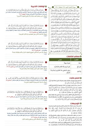 ‫الكلمات‬ ‫معاني‬
‫التدبرية‬ ‫الوقفات‬
‫التوجيهات‬
‫باآليات‬ ‫العمل‬
‫ﭒ‬‫ﭽ‬،‫إصالحها‬‫�رق‬�‫ط‬‫ومعرفة‬،‫�ا‬�‫ه‬‫في‬‫�ر‬�‫ك‬‫بالتف‬‫�ك؛‬�‫ب‬‫بعيو‬‫�وم‬�‫ي‬‫ال‬‫�تغل‬�‫ش‬‫ا‬.1
.‫ﭼ‬‫ﭘ‬‫ﭗ‬‫ﭖ‬‫ﭕ‬‫ﭔ‬‫ﭓ‬
‫�ر‬�‫للكف‬ ‫�ع‬�‫اجملتم‬ ‫يف‬ ‫�ودة‬�‫موج‬ ‫�ة‬�‫أمثل‬ ‫�ن‬�‫م‬ ‫�ا‬�‫فيه‬ ‫�ذر‬�‫حت‬ ‫�الة‬�‫رس‬ ‫�ل‬�‫أرس‬.2
‫ﭩ‬‫ﭨ‬‫ﭧ‬‫ﭦ‬‫ﭥ‬ ‫ﭤ‬‫ﭣ‬‫ﭢ‬‫ﭽ‬ ،‫بالنعم��ة‬
‫ﭴ‬ ‫ﭳ‬ ‫ﭲ‬ ‫ﭱ‬ ‫ﭰ‬ ‫ﭯ‬ ‫ﭮ‬‫ﭭ‬ ‫ﭬ‬ ‫ﭫ‬ ‫ﭪ‬
.‫ﭼ‬‫ﭹ‬ ‫ﭸ‬ ‫ﭷ‬ ‫ﭶ‬ ‫ﭵ‬
‫صاحل‬‫طعام‬‫منك‬‫�ي‬�‫ق‬‫ب‬‫وإذا‬،‫�ده‬�‫ع‬‫ب‬‫�ده‬�‫مح‬‫وا‬،‫األكل‬‫�ل‬�‫ب‬‫ق‬‫�اىل‬�‫ع‬‫ت‬‫اهلل‬‫�م‬�‫س‬.3
‫ﮉ‬‫ﮈ‬‫ﮇ‬‫ﭽﮅﮆ‬ ،‫احملتاجني‬‫أحد‬‫إىل‬‫به‬‫�ب‬�‫ه‬‫فاذ‬‫�لأكل‬‫ل‬
.‫ﭼ‬‫ﮑ‬‫ﮐ‬ ‫ﮏ‬‫ﮎ‬‫ﮍ‬‫ﮌ‬‫ﮋ‬ ‫ﮊ‬
،‫�ا‬�‫ث‬‫وحدي‬ ‫�ا‬�‫مي‬‫قد‬ ‫�دول‬�‫ل‬‫وا‬ ‫�م‬�‫م‬‫لأل‬ ‫�اىل‬�‫ع‬‫ت‬ ‫اهلل‬ ‫لاك‬�‫ه‬‫إ‬ ‫�باب‬�‫س‬‫أ‬ ‫يف‬ ‫�ل‬�‫م‬‫تأ‬ .1
‫ﭫ‬ ‫ﭪ‬ ‫ﭩ‬ ‫ﭨ‬ ‫ﭥﭦﭧ‬ ‫ﭤ‬ ‫ﭣ‬ ‫ﭢ‬ ‫ﭽ‬
‫ﭷ‬ ‫ﭶ‬ ‫ﭵ‬‫ﭴ‬ ‫ﭳ‬ ‫ﭲ‬ ‫ﭱ‬ ‫ﭰ‬ ‫ﭯ‬ ‫ﭬﭭﭮ‬
.‫ﭹﭼ‬ ‫ﭸ‬
‫ذلك؛‬‫يف‬‫�ع‬�‫ن‬‫املصا‬‫�ذب‬�‫ك‬‫و‬،‫�ه‬�‫ي‬‫عل‬‫اهلل‬‫�م‬�‫س‬‫ا‬‫�ر‬�‫ك‬‫يذ‬‫مل‬‫�ا‬�‫م‬‫أكل‬‫�ن‬�‫م‬‫�ذر‬�‫ح‬‫ا‬.2
‫ﮖ‬ ‫ﮕ‬ ‫ﮔ‬‫ﮓ‬‫ﭽ‬،‫ربك‬‫عن‬‫وبعدك‬‫دعائك‬‫لرد‬‫سبب‬‫فإنه‬
.‫ﭼ‬ ‫ﮞ‬ ‫ﮝ‬ ‫ﮜ‬ ‫ﮛ‬ ‫ﮚ‬ ‫ﮙ‬ ‫ﮘ‬ ‫ﮗ‬
،‫اهلل‬ ‫�ر‬�‫م‬‫ألوا‬ً‫ا‬‫�اد‬�‫ق‬‫من‬ ،‫�ق‬�‫حل‬‫ا‬ ‫�ه‬�‫ن‬‫م‬ ‫�ل‬�‫ب‬‫فاق‬ ‫�ح‬�‫ص‬‫النا‬ ‫أو‬ ‫�ة‬�‫ي‬‫الداع‬ ‫�اءك‬�‫ج‬ ‫إذا‬.3
.‫ﭽﭻﭼﭽﭾﭿﮀﮁﮂﮃﭼ‬
1
2
3
4
5
6
7
‫ﭼ‬‫ﭠ‬‫ﭟ‬‫ﭞ‬‫ﭝ‬‫ﭜ‬‫ﭛ‬‫ﭚ‬‫ﭙ‬‫ﭘ‬‫ﭗ‬‫ﭖ‬‫ﭕ‬‫ﭔ‬‫ﭓ‬‫ﭒ‬‫ﭽ‬
‫من‬ ‫أسلفت‬ ‫مبا‬ ‫ها‬ ِ‫فس‬َ‫ن‬ ‫ن‬َ‫ع‬ ‫وحتتج‬ ،‫ختاصم‬ :)‫نفسها‬ ‫عن‬ ‫جتادل‬ ‫نفس‬ ‫كل‬ ‫تأتي‬ ‫(يوم‬
.641/2:‫البغوي‬.‫غريها‬‫إىل‬‫تتفرغ‬‫ال‬،‫بها‬ ً‫ال‬‫مشتغ‬،‫وشر‬‫خري‬
‫اآلخرين؟‬ ‫لعيوب‬ ‫يتفرغ‬ ‫وال‬ ‫بنفسه‬ ‫العبد‬ ‫ينشغل‬ ‫متى‬ :‫السؤال‬
‫ﭮ‬ ‫ﭭ‬‫ﭬ‬‫ﭫ‬‫ﭪ‬‫ﭩ‬‫ﭨ‬‫ﭧ‬‫ﭦ‬‫ﭥ‬‫ﭤ‬‫ﭣ‬‫ﭢ‬‫ﭽ‬
‫ﭹﭼ‬‫ﭸ‬‫ﭷ‬‫ﭶ‬‫ﭵ‬‫ﭴ‬‫ﭳ‬‫ﭲ‬‫ﭱ‬‫ﭰ‬‫ﭯ‬
‫ب‬ّ‫ب‬��‫يس‬‫اخلوف‬‫أن‬‫كما‬،‫بدونه‬‫�ة‬�‫الطمأنين‬‫�ل‬�‫حتص‬‫ال‬‫إذ‬‫�ة؛‬�‫الطمأنين‬‫�ى‬�‫عل‬‫�ن‬�‫األم‬‫�دم‬�‫وق‬
.305/14:‫�ور‬�‫عاش‬‫ابن‬.‫والقلق‬،‫االنزعاج‬
‫الكرمية؟‬ ‫اآلية‬ ‫يف‬ ‫الطمأنينة‬ ‫على‬ ‫األمن‬ ‫قدم‬ ‫ملاذا‬ :‫السؤال‬
‫ﭮ‬ ‫ﭭ‬‫ﭬ‬‫ﭫ‬‫ﭪ‬‫ﭩ‬‫ﭨ‬‫ﭧ‬‫ﭦ‬‫ﭥ‬‫ﭤ‬‫ﭣ‬‫ﭢ‬‫ﭽ‬
‫ﭹﭼ‬‫ﭸ‬‫ﭷ‬‫ﭶ‬‫ﭵ‬‫ﭴ‬‫ﭳ‬‫ﭲ‬‫ﭱ‬‫ﭰ‬‫ﭯ‬
‫�و‬�‫ه‬ ‫�ا‬�‫م‬ ‫�ال‬�‫احل‬ ‫�وء‬�‫وس‬ ،‫�ون‬�‫الل‬ ‫�حوبة‬�‫وش‬ ،‫�زال‬�‫اهل‬ ‫�ن‬�‫م‬ ‫�م‬�‫عليه‬ ‫�ر‬�‫يظه‬ ‫�ه‬�‫ألن‬ ً‫ا‬��‫لباس‬ ‫�اه‬�‫مس‬
.452/12:‫القرط�بي‬ .‫كاللب��اس‬
‫؟‬ً‫ا‬‫لباس‬ ‫اهلالكة‬ ‫باألمم‬ ‫النازل‬ ‫واخلوف‬ ‫اجلوع‬ ‫تعاىل‬ ‫اهلل‬ ‫مسى‬ َ‫مل‬ :‫السؤال‬
‫ﭮ‬ ‫ﭭ‬‫ﭬ‬‫ﭫ‬‫ﭪ‬‫ﭩ‬‫ﭨ‬‫ﭧ‬‫ﭦ‬‫ﭥ‬‫ﭤ‬‫ﭣ‬‫ﭢ‬‫ﭽ‬
‫ﭹﭼ‬‫ﭸ‬‫ﭷ‬‫ﭶ‬‫ﭵ‬‫ﭴ‬‫ﭳ‬‫ﭲ‬‫ﭱ‬‫ﭰ‬‫ﭯ‬
.303/14:‫عاشور‬ ‫ابن‬ .‫اهلل‬ ‫نعمة‬ ‫إنكار‬ ‫من‬ ‫به‬ ‫أتوا‬ ‫ما‬ ‫مبثل‬ ‫يأتي‬ ‫ملن‬ ‫وعظة‬ ً‫ال‬َ‫ث‬‫م‬ ‫جعلهم‬
‫لغريها؟‬ ‫وعظة‬ ‫مثال‬ ‫املهلكة‬ ‫القرى‬ ‫تكون‬ ‫كيف‬ :‫السؤال‬
‫ﭼ‬ ‫ﮞ‬‫ﮝ‬ ‫ﮜ‬‫ﮛ‬‫ﮚ‬ ‫ﮙ‬‫ﮘ‬‫ﮗ‬‫ﮖ‬‫ﮕ‬‫ﮔ‬ ‫ﮓ‬‫ﭽ‬
.451:‫السعدي‬.‫مستقذر‬‫كل‬‫عن‬‫وصيانة‬،‫منه‬ ً‫ال‬‫تفض‬،‫اخلبيثات‬‫إال‬‫علينا‬‫م‬َّ‫حر‬‫ما‬‫تعاىل‬‫فاهلل‬
‫احملرمة؟‬ ‫األطعمة‬ ‫يف‬ ‫التحريم‬ ‫ة‬ّ‫ل‬‫ع‬ ‫ما‬ :‫السؤال‬
‫ﯗ‬‫ﯖ‬‫ﯕ‬‫ﯔ‬‫ﯓ‬‫ﮱ‬‫ﮰ‬‫ﮯ‬‫ﮮ‬ ‫ﮭ‬‫ﮬ‬‫ﮫ‬‫ﭽ‬
‫ﭼ‬ ‫ﯢ‬ ‫ﯡ‬‫ﯠ‬‫ﯟ‬‫ﯞ‬‫ﯝ‬‫ﯜ‬ ‫ﯛ‬‫ﯚ‬‫ﯙ‬‫ﯘ‬
.570/2:‫كثري‬ ‫ابن‬ .‫شرعي‬ ‫مستند‬ ‫فيها‬ ‫له‬ ‫ليس‬ ‫بدعة‬ ‫ابتدع‬ ‫من‬ ‫كل‬ ‫هذا‬ ‫يف‬ ‫ويدخل‬
‫الدين؟‬ ‫يف‬ ِ‫ع‬َ‫د‬ِ‫الب‬ ‫حتريم‬ ‫على‬ ‫اآلية‬ ‫تدل‬ ‫كيف‬ :‫السؤال‬
‫ﯗ‬‫ﯖ‬‫ﯕ‬‫ﯔ‬‫ﯓ‬‫ﮱ‬‫ﮰ‬‫ﮯ‬‫ﮮ‬ ‫ﮭ‬‫ﮬ‬‫ﮫ‬‫ﭽ‬
‫ﭼ‬ ‫ﯢ‬ ‫ﯡ‬‫ﯠ‬‫ﯟ‬‫ﯞ‬‫ﯝ‬‫ﯜ‬ ‫ﯛ‬‫ﯚ‬‫ﯙ‬‫ﯘ‬
‫وغريها‬ ‫كالبحرية‬ ‫أشياء؛‬ ‫وحرموا‬ ،‫أشياء‬ ‫أحلوا‬ ‫الذين‬ ‫للعرب‬ ‫خماطبة‬ ‫اآلية‬ ‫هذه‬
‫وهذا‬ ،‫حالل‬ ‫هذا‬ :‫قال‬ ‫من‬ ‫كل‬ ‫فيها‬ ‫يدخل‬ ‫ثم‬ ،‫واألنعام‬ ‫املائدة‬ ‫سورة‬ ‫يف‬ ‫ذكر‬ ‫مما‬
.476/1:‫جزي‬ ‫ابن‬ .‫علم‬ ‫بغري‬ ‫حرام‬
.‫اآلية‬ ‫هذه‬ ‫يف‬ ‫يدخلون‬ ‫الذين‬ ‫األصناف‬ ‫بني‬ :‫السؤال‬
)280( ‫صفحة‬ )14( ‫الجزء‬ )‫(النحل‬ ‫سورة‬
‫الكلمة‬‫املعنى‬
‫ًا‬‫د‬َ‫غ‬َ‫ر‬.ً‫ال‬‫ه‬ َ‫س‬ ‫ا‬ً‫ئ‬‫ي‬ِ‫ن‬َ‫ه‬
ٍ‫َاغ‬‫ب‬ َ‫ري‬َ‫غ‬.ِ‫م‬َّ‫ر‬ َ‫ح‬ُ‫لم‬ِ‫ل‬ ٍ‫ب‬ِ‫ل‬‫ا‬ َ‫ط‬ ‫َال‬‫و‬ ٍ‫د‬‫ي‬ِ‫ر‬ُ‫م‬ َ‫ري‬َ‫غ‬
ٍ‫د‬‫ا‬َ‫ع‬ ‫َال‬‫و‬
ُّ‫د‬ ُ‫َس‬‫ي‬ ‫ا‬َّ ِ‫م‬ ِ‫ة‬َ‫ر‬‫و‬ُ‫ر‬ َّ‫الض‬ َّ‫د‬ َ‫ح‬ ٍ‫ز‬ِ‫او‬ َ‫ج‬َ‫ت‬ُ‫م‬ َ‫ري‬َ‫وغ‬
. َ‫ق‬َ‫م‬َّ‫الر‬
 