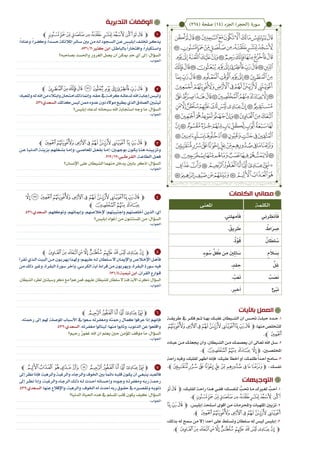 ‫ﭼ‬ ‫ﭤ‬‫ﭣ‬‫ﭢ‬‫ﭡ‬‫ﭠ‬‫ﭟ‬ ‫ﭞ‬‫ﭝ‬ ‫ﭜ‬‫ﭛ‬‫ﭚ‬‫ﭽ‬
،ً‫ا‬‫وعناد‬،ً‫ا‬‫�ر‬�‫وكف‬،ً‫ا‬‫�د‬�‫حس‬‫املالئكة‬‫�ائر‬�‫س‬‫بني‬‫من‬‫�ه‬�‫ل‬‫�جود‬�‫الس‬‫�ن‬�‫ع‬‫�س‬�‫إبلي‬‫�ف‬�‫ختل‬‫�ر‬�‫يذك‬
.531/2:‫كثري‬ ‫ابن‬ .‫�ل‬�‫بالباط‬ً‫ا‬‫وافتخار‬ ،ً‫ا‬‫�تكبار‬�‫واس‬
‫بصاحبه؟‬ ‫واحلسد‬ ‫الغرور‬ ‫يصل‬ ‫أن‬ ‫ميكن‬ ٍ‫د‬‫ح‬ ‫أي‬ ‫إىل‬ :‫السؤال‬
‫ﭼ‬ ‫ﭽ‬‫ﭼ‬‫ﭻ‬‫ﭺ‬‫ﭹ‬‫ﭸ‬ ‫ﭷ‬ ‫ﭶ‬‫ﭵ‬‫ﭴ‬‫ﭳ‬‫ﭽ‬
‫وللعباد؛‬‫له‬‫اهلل‬‫من‬‫وابتالء‬‫امتحان‬‫ذلك‬‫وإمنا‬،‫حقه‬‫يف‬‫�ة‬�‫كرام‬‫�ه‬�‫لدعائ‬‫اهلل‬‫�ة‬�‫إجاب‬‫�س‬�‫ولي‬
.431:‫السعدي‬.‫كذلك‬‫ليس‬‫ممن‬‫عدوه‬‫دون‬‫مواله‬‫يطيع‬‫الذي‬‫الصادق‬‫ليتبني‬
‫إبليس؟‬ ‫لدعاء‬ ‫سبحانه‬ ‫اهلل‬ ‫استجابة‬ ‫وجه‬ ‫ما‬ :‫السؤال‬
‫ﭼ‬‫ﮍ‬‫ﮌ‬‫ﮋ‬‫ﮊ‬‫ﮉ‬‫ﮈ‬‫ﮇ‬ ‫ﮆ‬‫ﮅ‬‫ﮄ‬‫ﭽ‬
‫�ن‬�‫ع‬ ‫�ا‬�‫الدني‬ ‫�ة‬�‫بزين‬ ‫�غلهم‬�‫بش‬ ‫�ا‬�‫وإم‬ ،‫�ي‬�‫املعاص‬ ‫�ل‬�‫بفع‬ ‫�ا‬�‫إم‬ :‫بوجه�ين‬ ‫�ون‬�‫يك‬ ‫�ا‬�‫هن‬ ‫�ه‬�‫وتزيين‬
.212/12:‫القرط�بي‬ .‫�ة‬�‫الطاع‬ ‫�ل‬�‫فع‬
‫اإلنسان؟‬ ‫على‬ ‫الشيطان‬ ‫منهما‬ ‫يدخل‬ ‫بابني‬ ‫اذكر‬ :‫السؤال‬
‫ﮏ‬‫ﮎ‬‫ﮍ‬‫ﮌ‬‫ﮋ‬‫ﮊ‬‫ﮉ‬‫ﮇﮈ‬‫ﮆ‬‫ﮅ‬‫ﮄ‬‫ﭽ‬
‫ﭼ‬‫ﮒ‬‫ﮑ‬‫ﮐ‬
.431:‫السعدي‬ .‫وتوكلهم‬ ،‫وإميانهم‬ ،‫إلخالصهم‬ ‫واجتبيتهم؛‬ ‫أخلصتهم‬ ‫الذين‬ :‫أي‬
‫إبليس؟‬ ‫إغواء‬ ‫من‬ ‫املستثنون‬ ‫من‬ :‫السؤال‬
‫ﭼ‬‫ﮤ‬‫ﮣ‬‫ﮢ‬‫ﮡ‬‫ﮠ‬‫ﮟ‬‫ﮞ‬‫ﮝ‬‫ﮜ‬‫ﮛ‬‫ﮚ‬‫ﭽ‬
‫تقرأ‬‫�ذي‬�‫ال‬‫البيت‬‫�ن‬�‫م‬‫�ون‬�‫يهرب‬‫�ذا‬�‫وهل‬‫�م؛‬�‫عليه‬‫�ه‬�‫ل‬‫�لطان‬�‫س‬‫ال‬‫�ان‬�‫واإلمي‬‫لاص‬�‫اإلخ‬‫�ل‬�‫فأه‬
‫من‬‫ذلك‬‫وغري‬،‫البقرة‬‫سورة‬ ‫وآخر‬،‫الكرسي‬‫آية‬‫قراءة‬‫من‬‫ويهربون‬،‫البقرة‬‫سورة‬ ‫فيه‬
.131/4:‫تيمية‬‫ابن‬.‫القرآن‬‫�وارع‬�‫ق‬
.‫الشيطان‬‫لطرد‬‫وسيلتني‬‫ذكر‬‫مع‬‫هم؟‬‫فمن‬،‫عليهم‬‫للشيطان‬‫سلطان‬‫ال‬‫فئة‬‫اآلية‬‫ذكرت‬:‫السؤال‬
‫ﭼ‬ ‫ﯹ‬‫ﯸ‬‫ﯷ‬‫ﯶ‬‫ﯵ‬‫ﯴ‬‫ﭽ‬
،‫رمحته‬ ‫إىل‬ ‫هلم‬ ‫املوصلة‬ ‫األسباب‬ ‫يف‬ ‫سعوا‬ ‫ومغفرته‬ ‫رمحته‬ ‫كمال‬ ‫عرفوا‬ ‫إذا‬ ‫فإنهم‬
.432:‫السعدي‬ .‫مغفرته‬ ‫لينالوا‬ ‫منها؛‬ ‫وتابوا‬ ،‫الذنوب‬ ‫عن‬ ‫وأقلعوا‬
‫رحيم؟‬ ٌ‫ر‬‫غفو‬ ‫اهلل‬ ‫أن‬ ‫يعلم‬ ‫حني‬ ‫املؤمن‬ ‫موقف‬ ‫ما‬ :‫السؤال‬
‫ﭼ‬ ‫ﯿ‬‫ﯾ‬‫ﯽ‬‫ﯼ‬‫ﯻ‬‫ﯺ‬‫ﯹ‬‫ﯸ‬‫ﯷ‬‫ﯶ‬‫ﯵ‬‫ﯴ‬‫ﭽ‬
‫إىل‬‫نظر‬‫فإذا‬‫والرهبة؛‬‫�ة‬�‫والرغب‬،‫والرجاء‬‫اخلوف‬‫بني‬ً‫ا‬‫دائم‬‫�ه‬�‫قلب‬‫�ون‬�‫يك‬‫أن‬‫�ي‬�‫ينبغ‬‫�د‬�‫فالعب‬
‫إىل‬ ‫�ر‬�‫نظ‬ ‫وإذا‬ ،‫�ة‬�‫والرغب‬ ‫�اء‬�‫الرج‬ ‫�ك‬�‫ذل‬ ‫�ه‬�‫ل‬ ‫�دث‬�‫أح‬ ‫�انه‬�‫وإحس‬ ‫�وده‬�‫وج‬ ‫�ه‬�‫ومغفرت‬ ‫�ه‬�‫رب‬ ‫�ة‬�‫رمح‬
.432:‫�عدي‬�‫الس‬.‫عنها‬‫واإلقالع‬،‫والرهبة‬،‫اخلوف‬‫له‬‫أحدث‬‫ربه‬‫�وق‬�‫حق‬‫يف‬‫يره‬�‫وتقص‬‫�ه‬�‫ذنوب‬
‫الدنيا؟‬ ‫احلياة‬ ‫هذه‬ ‫يف‬ ‫املسلم‬ ‫قلب‬ ‫يكون‬ ‫كيف‬ :‫السؤال‬
‫الكلمات‬ ‫معاني‬
‫التدبرية‬ ‫الوقفات‬
‫التوجيهات‬
‫ﭛ‬‫ﭽﭚ‬ ،‫�ك‬�‫لقلب‬ ‫�ة‬�‫راح‬ ‫�ذا‬�‫ه‬ ‫�ي‬�‫فف‬ ‫�ك؛‬�‫لنفس‬ ُّ‫�ب‬�‫حت‬ ‫�ا‬�‫م‬ ‫يرك‬�‫لغ‬ َّ‫�ب‬�‫أح‬.1
.‫ﭤﭼ‬‫ﭣ‬ ‫ﭢ‬‫ﭡ‬‫ﭠ‬‫ﭟ‬‫ﭞ‬‫ﭝ‬ ‫ﭜ‬
‫ﮆ‬‫ﮅ‬‫ﮄ‬‫ﭽ‬ ،‫إبليس‬ ‫�لحة‬�‫أس‬ ‫أقوى‬ ‫من‬ ‫واحملرمات‬ ‫امللهيات‬ ‫تزيني‬ .2
.‫ﭼ‬ ‫ﮍ‬‫ﮌ‬‫ﮋ‬‫ﮊ‬‫ﮉ‬‫ﮈ‬‫ﮇ‬
،‫بذلك‬ ‫له‬ ‫مسح‬ ‫من‬ ‫إال‬ ‫أحد؛‬ ‫على‬ ‫�لط‬�‫وتس‬ ‫�لطان‬�‫س‬ ‫له‬ ‫ليس‬ ‫إبليس‬.3
.‫ﮤﭼ‬‫ﮣ‬‫ﮢ‬‫ﮡ‬‫ﮠ‬‫ﮟ‬‫ﮞ‬‫ﮝ‬‫ﮜ‬‫ﮛ‬‫ﭽﮚ‬
‫باآليات‬ ‫العمل‬
‫طريق��ة‬ ‫يف‬ ‫فك��ر‬ ‫ث��م‬ ‫به��ا‬ ‫غلب��ك‬ ‫الش��يطان‬ ‫أن‬ ‫حت��س‬ ‫حيل��ة‬ ‫ح��دد‬ .1
‫ﮌ‬‫ﮋ‬‫ﮊ‬‫ﮉ‬‫ﮈ‬‫ﮇ‬‫ﮆ‬‫ﮅ‬‫ﮄ‬‫ﭽ‬،‫منها‬‫للتخلص‬
.‫ﮍﭼ‬
‫�اده‬�‫عب‬ ‫�ن‬�‫م‬ ‫�ك‬�‫جيعل‬ ‫وأن‬ ،‫�يطان‬�‫الش‬ ‫�ن‬�‫م‬ ‫�ك‬�‫يعصم‬ ‫أن‬ ‫�اىل‬�‫تع‬ ‫اهلل‬ ‫�ل‬�‫س‬.2
.‫ﭼ‬‫ﮒ‬‫ﮑ‬‫ﮐ‬ ‫ﮏ‬‫ﭽ‬ ،‫املخلص�ين‬
‫راحة‬‫وفيه‬،‫لقلبك‬‫أطهر‬‫فإنه‬ ‫�ك؛‬�‫علي‬‫أخطأ‬‫أو‬،‫�ك‬�‫ظلم‬ًً‫ا‬‫�د‬�‫أح‬‫�امح‬�‫س‬.3
.‫ﭼ‬‫ﯨ‬‫ﯧ‬‫ﯦ‬‫ﯥ‬‫ﯤ‬‫ﯣ‬‫ﯢ‬‫ﯡ‬‫ﯠ‬‫ﯟ‬‫ﭽ‬ ،‫نفسك‬
1
2
3
4
5
6
7
)264( ‫صفحة‬ )14( ‫الجزء‬ )‫(الحجر‬ ‫سورة‬
‫الكلمة‬‫املعنى‬
‫ي‬ِ‫ن‬‫ر‬ ِ‫نظ‬َ‫أ‬َ‫ف‬. ِ‫لن‬ِ‫مه‬َ‫أ‬َ‫ف‬
ٌ‫اط‬َ‫ر‬ ِ‫ص‬.ٌ‫يق‬ِ‫ر‬ َ‫ط‬
ٌ‫ان‬ َ‫لط‬ ُ‫س‬.ٌ‫ة‬َّ‫و‬ُ‫ق‬
ٍ‫م‬َ‫ال‬ َ‫س‬ِ‫ب‬.ٍ‫ء‬‫و‬ ُ‫س‬ ِّ‫ل‬ ُ‫ك‬ ‫ن‬ِ‫م‬ َ‫ني‬ِِ‫ال‬ َ‫س‬
ٍّ‫ل‬ِ‫غ‬.ٍ‫د‬‫ق‬ ِ‫ح‬
ٌ‫ب‬ َ‫ص‬َ‫ن‬. ٌ‫ب‬َ‫ع‬َ‫ت‬
‫ى‬ّ‫ب‬َ‫ن‬. ِ‫خب‬َ‫أ‬ ‫ء‬
 