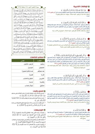 ‫الكلمات‬ ‫معاني‬
‫التوجيهات‬
‫التدبرية‬ ‫الوقفات‬
‫ﭽﭣ‬ ،‫الدنيوي��ة‬ ‫األس��باب‬ ‫انقط��اع‬ ‫بع��د‬ ‫تأت��ي‬ ‫رمب��ا‬ ‫البش��ارة‬ .1
‫ﭭ‬ ‫ﭬ‬ ‫ﭫ‬ ‫ﭪ‬ ‫ﭩ‬ ‫ﭨ‬ ‫ﭧ‬ ‫ﭦ‬ ‫ﭥ‬ ‫ﭤ‬
.‫ﭲﭼ‬ ‫ﭱ‬ ‫ﭰ‬ ‫ﭯ‬ ‫ﭮ‬
‫املصائب‬‫من‬‫ينجيه‬‫حوله‬‫ومن‬‫وأهله‬‫نفسه‬‫بإصالح‬‫اإلنسان‬‫اشتغال‬.2
.‫ﭼ‬‫ﮏ‬‫ﭽﮊﮋﮌﮍﮎ‬ ،‫واألخروية‬ ‫الدنيوية‬
‫ﮒ‬‫ﮑ‬‫ﭽ‬،‫اإلمي��ان‬ ‫ع��دم‬ ‫إذا‬ ‫املصاه��رة‬ ‫وال‬ ‫للنس��ب‬ ‫قيم��ة‬ ‫ال‬ .3
.‫ﭼ‬‫ﮗ‬ ‫ﮖ‬ ‫ﮕ‬ ‫ﮔ‬‫ﮓ‬
‫باآليات‬ ‫العمل‬
،‫�لم‬�‫مس‬ ‫�ى‬�‫عل‬ ‫�ك‬�‫إقبال‬ ‫�د‬�‫عن‬ ‫أو‬ ،‫�زل‬�‫املن‬ ‫�ك‬�‫دخول‬ ‫�د‬�‫عن‬ ‫لام‬�‫بالس‬ ‫�دئ‬�‫ابت‬ . 1
.‫ﭙﭼ‬ ‫ﭘ‬ ‫ﭗ‬ ‫ﭖ‬ ‫ﭕ‬ ‫ﭔ‬ ‫ﭓ‬ ‫ﭒ‬ ‫ﭑ‬‫ﭽ‬
‫ﭞ‬‫ﭝ‬‫ﭜ‬‫ﭛ‬‫ﭽ‬،‫�ه‬�‫قلب‬‫ويؤنس‬‫�ه‬�‫يفرح‬‫خب�بر‬‫�وم‬�‫الي‬ًً‫ا‬‫�لم‬�‫مس‬‫�ر‬�‫بش‬.2
.‫ﭼ‬‫ﭡ‬ ‫ﭠ‬‫ﭟ‬
‫رمحة‬‫من‬‫�وط‬�‫القن‬‫خطر‬‫�ا‬�‫فيه‬ ّ‫تب�ين‬‫�الة؛‬�‫رس‬‫�ل‬�‫أرس‬‫أو‬،‫�ة‬�‫كلم‬‫�ق‬�‫أل‬.3
.‫ﭼ‬‫ﭻ‬‫ﭺ‬‫ﭹ‬‫ﭸ‬‫ﭷ‬‫ﭶ‬‫ﭵ‬‫ﭴ‬‫ﭽ‬ ،‫اهلل‬
1
2
3
4
5
6
7
‫ﭼ‬ ‫ﭙ‬‫ﭘ‬ ‫ﭗ‬‫ﭖ‬‫ﭕ‬‫ﭔ‬‫ﭓ‬‫ﭒ‬‫ﭑ‬‫ﭽ‬
.58/14:‫عاشور‬‫ابن‬.ً‫ا‬‫شر‬‫به‬‫يريدون‬‫هم‬ّ‫ن‬‫فظ‬‫الضيف؛‬‫طروق‬‫وقت‬‫غري‬‫يف‬‫بيتهم‬‫طرقوا‬‫الضيف‬‫ألن‬
‫وجلون)؟‬ ‫منكم‬ ‫(إنا‬ :‫بقوله‬ -‫السالم‬ ‫-عليه‬ ‫إبراهيم‬ ‫ابتدأ‬ ‫ملاذا‬ :‫السؤال‬
‫ﭼ‬‫ﭲ‬‫ﭱ‬‫ﭰ‬‫ﭯ‬‫ﭮ‬‫ﭭ‬‫ﭬ‬‫ﭽ‬
‫موعظته‬‫يف‬‫جاءوا‬،‫اهلل‬‫رمحة‬‫من‬‫القنوط‬‫عن‬ً‫ا‬‫ه‬ّ‫ز‬‫من‬-‫السالم‬‫-عليه‬‫إبراهيم‬‫كان‬‫وملا‬
‫يدخله‬‫مما‬‫له‬ً‫ا‬‫حتذير‬‫القانطني؛‬‫زمرة‬‫من‬‫يكون‬‫أن‬‫عن‬‫فنهوه‬‫املناسب؛‬‫األدب‬‫بطريقة‬
.60/14:‫عاشور‬‫ابن‬.‫الزمرة‬‫تلك‬‫يف‬
.‫بينه‬ ،‫األدب‬ ‫من‬ ‫أمنوذج‬ -‫السالم‬ ‫-عليه‬ ‫إلبراهيم‬ ‫املالئكة‬ ‫خطاب‬ ‫يف‬ :‫السؤال‬
‫ﭼ‬‫ﭻ‬‫ﭺ‬‫ﭹ‬‫ﭸ‬‫ﭷ‬‫ﭶ‬‫ﭵ‬‫ﭴ‬‫ﭽ‬
‫اهلل‬‫رمحة‬‫من‬‫�وط‬�‫والقن‬،‫�رون‬�‫اخلاس‬:‫أي‬)‫الضالون‬‫(إال‬‫�ه‬�‫رب‬‫�ة‬�‫رمح‬‫�ن‬�‫م‬‫�أس‬�‫يي‬‫�ن‬�‫م‬:‫أي‬
.590/2:‫البغوي‬ .‫مكره‬ ‫من‬ ‫كاألمن‬ ‫يرة‬�‫كب‬
‫ال‬:‫�ول‬�‫فيق‬،‫�اىل‬�‫تع‬‫اهلل‬‫�ة‬�‫رمح‬‫�ن‬�‫م‬‫�ب‬�‫املصائ‬‫�ل‬�‫أه‬‫�ض‬�‫وبع‬‫املذنب�ين‬‫�ض‬�‫بع‬‫�ط‬�‫يقن‬:‫�ؤال‬�‫الس‬
‫عليه؟‬‫�ب‬�‫جتي‬‫فكيف‬،‫تي‬�‫كرب‬‫�ف‬�‫تنكش‬‫�ن‬�‫ل‬:‫أو‬،‫�ي‬�‫ل‬‫اهلل‬‫�ر‬�‫يغف‬
‫ﭼ‬‫ﯜ‬‫ﯛ‬‫ﯚ‬‫ﯙ‬‫ﯘ‬‫ﯗ‬‫ﯖ‬‫ﯕ‬‫ﯔ‬‫ﯓ‬‫ﮱ‬‫ﭽ‬
،‫�هم‬�‫بأنفس‬ًً‫ا‬‫مساح‬‫املخوف؛‬‫األمر‬‫إىل‬‫مجاعتهم‬‫أدنى‬‫يكونوا‬‫أن‬‫الكرباء‬‫�ادة‬�‫ع‬‫�رت‬�‫ج‬‫�د‬�‫وق‬
‫ال‬ ‫�ده‬�‫وض‬ ،‫�ل‬� َ‫ج‬َ‫أ‬ ‫�ن‬�‫م‬ ُ‫ب‬ِّ‫�ر‬�‫ُق‬‫ي‬ ‫ال‬ ‫�ل‬� َ‫َج‬‫و‬ ‫�ه‬�‫في‬ ‫�ا‬�‫م‬ ‫�اة‬�‫مدان‬ ‫�أن‬�‫ب‬ ‫�م‬�‫منه‬ً‫ا‬��‫وعلم‬ ،‫�م‬�‫لغريه‬ً‫ا‬��‫وتثبيت‬
‫فال‬‫وليحتشموك؛‬،‫خلفك‬‫مبن‬‫قلبك‬‫يشتغل‬‫ولئال‬،‫ضرر‬‫من‬‫ُباعد‬‫ي‬‫وال‬،‫ر‬َ‫د‬َ‫ق‬‫من‬ ِ‫ُغن‬‫ي‬
.229/4:‫�ي‬�‫البقاع‬.‫املصاحل‬‫�ن‬�‫م‬‫ذلك‬‫ير‬�‫وغ‬،‫�م‬�‫منه‬‫�د‬�‫أح‬‫�ف‬�‫يتخل‬‫أو‬،‫�وا‬�‫يلتفت‬
‫عند‬ ‫أمامه‬ ‫وهم‬ ‫أهله‬ ‫خلف‬ -‫السالم‬ ‫-عليه‬ ‫لوط‬ ‫ميشي‬ ‫أن‬ ‫يف‬ ‫املصلحة‬ ‫ما‬ :‫السؤال‬
‫قريتهم؟‬ ‫من‬ ‫خروجهم‬
‫ﭼ‬‫ﯘ‬‫ﯗ‬‫ﯖ‬‫ﯕ‬‫ﯔ‬‫ﯓ‬‫ﮱ‬‫ﭽ‬
‫�ول‬�‫رس‬‫كان‬‫وهكذا‬،‫هلم‬‫أحفظ‬‫ليكون‬‫وراءهم‬‫�ي‬�‫ميش‬ -‫لام‬�‫الس‬‫-عليه‬‫لوط‬‫يكون‬‫وأن‬
‫وحيمل‬،‫الضعيف‬‫يزجي‬‫ساقة‬‫يكون‬‫إمنا‬‫الغزو؛‬‫يف‬‫ميشي‬-‫وسلم‬ ‫عليه‬‫اهلل‬‫-صلى‬‫اهلل‬
.535/2:‫كثري‬‫ابن‬.‫املنقطع‬
.‫اجلهاد‬ ‫إىل‬ ‫السري‬ ‫يف‬ -‫وسلم‬ ‫عليه‬ ‫اهلل‬ ‫-صلى‬ ‫النيب‬ ‫سنة‬ ‫عن‬ ‫حتدث‬ :‫السؤال‬
‫ﭼ‬‫ﯜ‬‫ﯛ‬‫ﯚ‬‫ﯙ‬‫ﭽ‬
‫ناله‬‫التفت‬‫فمن‬،‫هلم‬‫متوجع‬‫أو‬،‫�ا‬�‫خلربن‬‫�تيقن‬�‫مس‬‫غري‬‫إما‬‫�ه‬�‫ألن‬‫�ت؛‬�‫ثاب‬‫ير‬�‫غ‬‫�ت‬�‫امللتف‬‫ألن‬
‫من‬ ‫فوه‬َ‫ل‬‫خ‬ ‫ما‬ ‫إخراج‬ ‫على‬ ‫وأدل‬ ،‫ير‬�‫الس‬ ‫يف‬ ‫�رع‬�‫وأس‬ ،‫اهلجرة‬ ‫يف‬ ُّ‫أجد‬ً‫ا‬‫أيض‬ ‫وذلك‬ ،‫العذاب‬
‫أنهم‬‫�ع‬�‫م‬‫�م‬�‫عليه‬‫اهلل‬‫�ب‬�‫غض‬‫�ن‬�‫مل‬‫�ون‬�ُّ‫يرق‬‫ال‬‫�م‬�‫أنه‬‫�ى‬�‫وعل‬،‫�م‬�‫قلوبه‬‫�ن‬�‫م‬‫�م‬�‫وأمتعته‬‫�م‬�‫منازهل‬
.229/4:‫البقاعي‬.‫�هم‬�‫أنفس‬‫تطيقه‬‫ال‬‫�ا‬�‫م‬‫رأوا‬‫�ا‬�‫رمب‬
‫القرية؟‬‫من‬‫خرجوا‬‫حينما‬‫االلتفات‬‫بعدم‬-‫السالم‬‫-عليه‬‫لوط‬‫آل‬‫أمر‬‫يف‬‫احلكمة‬‫ما‬:‫السؤال‬
‫ﭼ‬‫ﯺ‬‫ﯹ‬‫ﯸ‬‫ﯷ‬‫ﭽ‬
،‫�ا‬�‫به‬ ‫�اء‬�‫ج‬ ‫تي‬�‫ال‬ ‫�وة‬�‫للدع‬ ‫�تقصاء‬�‫اس‬ -ً‫ا‬‫�ار‬�‫كف‬ ‫�وا‬�‫كان‬ ‫-وإن‬ ‫ني‬�‫الدي‬ ‫�وازع‬�‫بال‬ ‫�م‬�‫ذكره‬ ‫�د‬�‫وق‬
.66/14:‫�ور‬�‫عاش‬ ‫�ن‬�‫اب‬ .)‫�زون‬�‫خت‬ ‫وال‬ ‫اهلل‬ ‫�وا‬�‫(واتق‬ :‫�ال‬�‫فق‬ ‫�ريف؛‬�‫الع‬ ‫�وازع‬�‫وبال‬
،‫العريف‬ ‫والوازع‬ ‫الديين‬ ‫بالوازع‬ ‫قومه‬ ‫تذكري‬ ‫بني‬ -‫السالم‬ ‫-عليه‬ ‫لوط‬ ‫مجع‬ :‫السؤال‬
.‫ذلك‬ ‫وضح‬
)265( ‫صفحة‬ )14( ‫الجزء‬ )‫(الحجر‬ ‫سورة‬
‫الكلمة‬‫املعنى‬
َ‫ون‬ُ‫ل‬ ِ‫َج‬‫و‬.َ‫ون‬ُ‫ف‬ِ‫ئ‬‫ا‬ َ‫خ‬ ،َ‫ون‬ُ‫ع‬ِ‫ز‬َ‫ف‬
َ‫ني‬ ِ‫ط‬ِ‫ن‬‫ا‬َ‫الق‬.َ‫ني‬ ِ‫س‬ِ‫ئ‬‫ا‬َ‫ي‬‫ال‬
‫م‬ُ‫ك‬ُ‫ب‬‫ط‬ َ‫خ‬ ‫ا‬َ‫م‬َ‫ف‬‫؟‬ُ‫ري‬ ِ‫ط‬َ‫اخل‬ ُ‫م‬ُ‫ك‬ُ‫ن‬‫أ‬ َ‫ش‬ ‫ا‬َ‫م‬َ‫ف‬
‫ا‬َ‫ن‬‫َّر‬‫د‬َ‫ق‬.‫ا‬َ‫ن‬‫ي‬ َ‫ض‬َ‫ق‬
َ‫ين‬ِ‫ر‬ِ‫اب‬َ‫غ‬‫ال‬. ِ‫اب‬َ‫ذ‬َ‫ع‬‫ال‬ ِ‫ف‬ َ‫ني‬ِ‫ق‬‫ا‬َ‫ب‬‫ال‬
‫ا‬َ‫ن‬‫ي‬ َ‫ض‬َ‫ق‬َ‫و‬.‫ا‬َ‫ن‬‫ي‬ َ‫وح‬َ‫أ‬
ٌ‫ع‬‫و‬ ُ‫قط‬َ‫م‬. ِ‫اب‬َ‫ذ‬َ‫ع‬‫ال‬ِ‫ب‬ ٌ‫ك‬َ‫ل‬‫ه‬ُ‫م‬
 