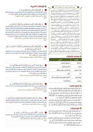 ‫الكلمات‬ ‫معاني‬
‫التدبرية‬ ‫الوقفات‬
‫التوجيهات‬
‫�ه‬�‫فب‬ ‫�ماء؛‬�‫الس‬ ‫�ن‬�‫م‬ ‫�اء‬�‫امل‬ ‫�زال‬�‫إن‬ :‫�اد‬�‫العب‬ ‫�ى‬�‫عل‬ ‫�اىل‬�‫تع‬ ‫اهلل‬ ‫�م‬�‫نع‬ ِّ‫�ل‬�‫أج‬ ‫�ن‬�‫م‬ . 1
‫ﮁ‬‫ﮀ‬ ‫ﭿ‬‫ﭾ‬‫ﭽ‬‫ﭼ‬‫ﭻ‬‫ﭺ‬‫ﭹ‬‫ﭽﭸ‬ ،‫�يء‬�‫ش‬ ‫كل‬ ‫�اة‬�‫حي‬
.‫ﮅﭼ‬ ‫ﮄ‬ ‫ﮃ‬ ‫ﮂ‬
‫�ع‬�‫ف‬‫تن‬‫وال‬‫�ر‬�‫ض‬‫ت‬‫ال‬‫�ا‬�‫ه‬‫أن‬‫أوىل‬‫�اب‬�‫ب‬‫�ن‬�‫م‬‫ف‬،‫�ها‬�‫س‬‫نف‬‫�ر‬�‫م‬‫أ‬‫�ك‬�‫ل‬‫مت‬‫ال‬‫�وم‬�‫ج‬‫الن‬ . 2
.‫ﭼ‬‫ﮢ‬‫ﮡ‬‫ﮠ‬‫ﭽ‬ ،‫�اء‬�‫ع‬‫الد‬ ‫�ه‬�‫ج‬‫يت‬ ‫�بحانه‬�‫س‬ ‫�ه‬�‫ي‬‫فإل‬ ،‫�ا‬�‫ه‬‫غري‬
‫ﯫ‬‫ﭽ‬ ،‫عليها‬‫اهلل‬‫�كرت‬�‫ش‬‫نعمة‬‫بك‬‫مرت‬‫كلما‬‫�كورا؛‬�‫ش‬‫عبدا‬‫كن‬.3
.‫ﭼ‬‫ﯯ‬‫ﯮ‬‫ﯭ‬‫ﯬ‬
‫باآليات‬ ‫العمل‬
،‫ذلك‬‫على‬‫تعاىل‬‫اهلل‬‫اشكر‬‫ثم‬ ،‫باملراكب‬‫علينا‬‫اهلل‬‫نعم‬‫من‬‫ثالثا‬‫عدد‬.1
.‫ﭪﭼ‬‫ﭩ‬‫ﭨ‬‫ﭧ‬‫ﭦ‬‫ﭥ‬‫ﭤ‬‫ﭣ‬‫ﭢ‬‫ﭡ‬‫ﭽ‬
‫لنا‬‫سخر‬‫الذي‬‫سبحان‬،‫هلل‬‫احلمد‬،‫اهلل‬‫«بسم‬:‫قل‬‫الدابة‬‫ركبت‬‫إذا‬.2
‫ﭢ‬‫ﭡ‬‫ﭽ‬،»‫�ون‬�‫ملنقلب‬‫ربنا‬‫إىل‬‫�ا‬�‫وإن‬،‫مقرن�ين‬‫�ه‬�‫ل‬‫�ا‬�‫كن‬‫�ا‬�‫وم‬،‫�ذا‬�‫ه‬
.‫ﭼ‬‫ﭪ‬‫ﭩ‬‫ﭨ‬‫ﭧ‬‫ﭦ‬‫ﭥ‬‫ﭤ‬‫ﭣ‬
،‫�د‬�‫ح‬‫وا‬ ‫�اء‬�‫مب‬ ‫�قى‬�‫س‬‫ي‬ ‫�ع‬�‫ي‬‫واجلم‬ ،‫�ة‬�‫ف‬‫خمتل‬ ‫�ار‬�‫مث‬ ‫�ن‬�‫م‬ ‫�ت‬�‫ب‬‫ين‬ ‫�ا‬�‫م‬‫في‬ ‫�ر‬�ّ‫ك‬‫تف‬ . 3
‫ﮌ‬‫ﮋ‬‫ﮊ‬‫ﮉ‬‫ﮈ‬‫ﭽﮇ‬ ،‫�ه‬�‫م‬‫نع‬ ‫�ى‬�‫ل‬‫ع‬ ‫اهلل‬ ‫�كر‬�‫ش‬‫ا‬ ‫�م‬�‫ث‬
.‫ﮗﭼ‬‫ﮖ‬‫ﮕ‬‫ﮔ‬‫ﮓ‬‫ﮒ‬‫ﮑ‬‫ﮐ‬‫ﮏ‬‫ﮎ‬‫ﮍ‬
1
2
3
4
5
6
7
‫ﭼ‬ ‫ﭥ‬‫ﭤ‬‫ﭣ‬‫ﭢ‬‫ﭡ‬‫ﭽ‬
‫األكل‬‫يذكر‬‫ومل‬،‫والزينة‬‫اجلمال‬‫ألجل‬‫وتارة‬،‫الركوب‬‫يف‬‫للضرورة‬‫تستعملونها‬‫تارة‬:‫أي‬
.436:‫السعدي‬.‫لألكل‬‫الغالب‬‫يف‬‫تستعمل‬‫ال‬‫واخليل‬،‫أكلها‬‫حمرم‬‫واحلمر‬‫البغال‬‫ألن‬
‫املذكورة؟‬ ‫األشياء‬ ‫هذه‬ ‫منافع‬ ‫من‬ ‫األكل‬ ‫يذكر‬ ‫مل‬ ‫ملاذا‬ :‫السؤال‬
‫ﭼ‬‫ﭪ‬‫ﭩ‬‫ﭨ‬‫ﭧ‬‫ﭦ‬‫ﭥ‬‫ﭤ‬‫ﭣ‬‫ﭢ‬‫ﭡ‬‫ﭽ‬
‫يف‬ ‫اخللق‬ ‫يركبها‬ ‫اليت‬ ‫األشياء‬ ‫من‬ ‫القرآن‬ ‫نزول‬ ‫بعد‬ ‫يكون‬ ‫مما‬ :)‫تعلمون‬ ‫ال‬ ‫ما‬ ‫(وخيلق‬
‫بأعيانها‬‫يذكرها‬‫مل‬‫فإنه‬‫ومصاحلهم؛‬،‫منافعهم‬‫يف‬‫ويستعملونها‬،‫واجلو‬،‫والبحر‬،‫الرب‬
‫ليس‬‫ما‬‫وأما‬.‫نظريه‬‫يعرفون‬‫أو‬،‫العباد‬‫�ه‬�‫يعرف‬‫�ا‬�‫م‬‫إال‬‫�ه‬�‫كتاب‬‫يف‬‫�ر‬�‫يذك‬‫ال‬‫�اىل‬�‫تع‬‫اهلل‬‫ألن‬
‫يدخل‬ً‫ا‬‫جامع‬ ً‫ا‬‫ل‬�‫أص‬‫فيذكر‬‫�ه؛‬�‫من‬‫املراد‬‫�وا‬�‫يفهم‬‫ومل‬،‫�وه‬�‫يعرف‬‫مل‬‫�ر‬�‫ذك‬‫�و‬�‫ل‬‫�ه‬�‫فإن‬‫ير‬�‫نظ‬‫�ه‬�‫ل‬
‫�اهد‬�‫ونش‬‫�م‬�‫نعل‬‫�ا‬�‫م‬‫�ه‬�‫من‬‫�ى‬�‫مس‬:‫�ة‬�‫اجلن‬‫�م‬�‫نعي‬‫�ر‬�‫ذك‬‫�ا‬�‫كم‬‫�ون؛‬�‫يعلم‬‫ال‬‫�ا‬�‫وم‬‫�ون‬�‫يعلم‬‫�ا‬�‫م‬‫�ه‬�‫في‬
.436:‫�عدي‬�‫الس‬ .ً‫ا‬‫نظري‬‫له‬‫نعرف‬‫ال‬‫ما‬ َ‫ل‬َ ْ‫ج‬َ‫أ‬‫و‬،‫�ان‬�‫والرم‬،‫�اب‬�‫واألعن‬،‫�ل‬�‫كالنخ‬‫يره؛‬�‫نظ‬
‫اآلية؟‬ ‫خالل‬ ‫من‬ ‫الغيبية‬ ‫النعم‬ ‫ذكر‬ ‫يف‬ ‫القرآن‬ ‫طريقة‬ ‫ما‬ :‫السؤال‬
‫ﭬ‬‫ﭫ‬‫ﭪ‬‫ﭩ‬‫ﭨ‬‫ﭧ‬‫ﭦ‬‫ﭥ‬‫ﭤ‬‫ﭣ‬‫ﭢ‬‫ﭡ‬‫ﭽ‬
‫ﭼ‬ ‫ﭱ‬‫ﭰ‬‫ﭯ‬‫ﭮ‬‫ﭭ‬
‫�رق‬�‫الط‬ ‫�ى‬�‫عل‬ ‫�ه‬�َّ‫ب‬َ‫ن‬ ،‫�ية‬�‫احلس‬ ‫�بل‬�‫الس‬ ‫يف‬ ‫�ه‬�‫علي‬ ‫�ار‬�‫يس‬ ‫�ا‬�‫م‬ ‫�ات‬�‫احليوان‬ ‫�ن‬�‫م‬ ‫�اىل‬�‫تع‬ ‫�ر‬�‫ذك‬ ‫�ا‬�ََّ‫ل‬
‫�ور‬�‫األم‬ ‫إىل‬ ‫�ية‬�‫احلس‬ ‫�ور‬�‫األم‬ ‫�ن‬�‫م‬ ‫�ور‬�‫العب‬ ‫�رآن‬�‫الق‬ ‫يف‬ ‫�ع‬�‫يق‬ ‫�ا‬�‫م‬ً‫ا‬‫ير‬�‫وكث‬ .‫�ة‬�‫الديني‬ ‫�ة‬�‫املعنوي‬
.544/2:‫ير‬�‫كث‬ ‫�ن‬�‫اب‬ .‫�ة‬�‫الديني‬ ‫�ة‬�‫النافع‬
‫ببعض؟‬ ‫بعضهما‬ ‫املذكورتني‬ ‫اآليتني‬ ‫عالقة‬ ‫ما‬ :‫السؤال‬
‫ﭼ‬‫ﭶ‬‫ﭵ‬‫ﭴ‬‫ﭳ‬‫ﭲ‬‫ﭱ‬‫ﭰ‬‫ﭯ‬‫ﭮ‬‫ﭭ‬‫ﭬ‬‫ﭽ‬
‫التذكري‬‫إىل‬‫�ي‬�ِ‫ق‬ُ‫ت‬‫ار‬‫اجلثمانية‬‫�د‬�‫املقاص‬‫إىل‬‫املوصلة‬‫�بيل‬�‫الس‬‫ير‬�‫تيس‬‫�ة‬�‫نعم‬‫�رت‬�‫ذك‬‫�ا‬�‫مل‬
‫�ذه‬�‫به‬ ‫اهلل‬ ‫�د‬�ّ‫ه‬‫تع‬ ‫�كان‬�‫ف‬ ،‫�دى‬�‫اهل‬ ‫�بيل‬�‫س‬ ‫�و‬�‫وه‬ ‫�ة؛‬�‫وحاني‬ُّ‫الر‬ ‫�د‬�‫املقاص‬ ‫إىل‬ ‫�ول‬�‫الوص‬ ‫�بيل‬�‫بس‬
‫�ه‬�‫ب‬ ‫�ل‬�‫حتص‬ ‫�دى‬�‫اهل‬ ‫�بيل‬�‫س‬ ‫ألن‬ ‫�ة؛‬�‫اجلثماني‬ ‫�الك‬�‫املس‬ ‫ير‬�‫تيس‬ ‫�ن‬�‫م‬ َ‫�م‬�‫أعظ‬ ‫�ة‬�‫نعم‬ ‫�بيل‬�‫الس‬
.112/14:‫�ور‬�‫عاش‬ ‫�ن‬�‫اب‬ .‫�ة‬�‫األبدي‬ ‫�عادة‬�‫الس‬
‫وملاذا؟‬ ‫الروحية؟‬ ‫أو‬ ،‫احلسية‬ ‫النعم‬ ‫أعظم‬ ‫أيهما‬ :‫السؤال‬
‫ﭼ‬‫ﭶ‬‫ﭵ‬‫ﭴ‬‫ﭳ‬‫ﭲ‬‫ﭱ‬‫ﭰ‬‫ﭯ‬‫ﭮ‬‫ﭭ‬‫ﭬ‬‫ﭽ‬
‫�ث‬�‫وبع‬ ،‫�ة‬�‫األدل‬ ‫�ب‬�‫بنص‬ ‫�دى‬�‫اهل‬ ‫�ق‬�‫طري‬ ‫�م‬�‫تقوي‬ ‫اهلل‬ ‫�ى‬�‫عل‬ :‫أي‬ )‫�بيل‬�‫الس‬ ‫�د‬�‫قص‬ ‫اهلل‬ ‫�ى‬�‫(وعل‬
.459/1:‫�زي‬�‫ج‬ ‫�ن‬�‫اب‬ .‫�ل‬�‫الرس‬
.‫وضحه‬ ،‫اهلل‬ ‫رمحة‬ ‫مظاهر‬ ‫من‬ ‫مظهر‬ ‫اآلية‬ ‫هذه‬ ‫يف‬ :‫السؤال‬
‫ﭼ‬‫ﯦ‬‫ﯥ‬‫ﯤ‬‫ﯣ‬‫ﯢ‬‫ﯡ‬‫ﯠ‬‫ﯟ‬‫ﯜﯝﯞ‬‫ﯛ‬‫ﭽ‬
‫�اء‬�‫واإلرف‬ ‫�وب‬�‫بالرك‬ ‫�ه‬�‫وتذليل‬ ،‫�ه‬�‫في‬ ‫�رف‬�‫التص‬ ‫�ن‬�‫م‬ ‫�ر‬�‫البش‬ ‫متك�ين‬ :‫�و‬�‫ه‬ ‫�ر‬�‫البح‬ ‫�خري‬�‫تس‬
.294/12:‫القرطيب‬.‫وأغرقنا‬،‫علينا‬‫سلطه‬‫شاء‬‫فلو‬‫علينا؛‬‫اهلل‬‫نعم‬‫من‬‫نعمة‬‫وهذه‬،‫وغريه‬
.‫البحر‬ ‫بتسخري‬ ‫لعباده‬ ‫تعاىل‬ ‫اهلل‬ ‫نعمة‬ ‫بني‬ :‫السؤال‬
‫ﭼ‬‫ﯭ‬‫ﯫﯬ‬‫ﯩﯪ‬‫ﯨ‬‫ﭽﯧ‬
:‫�فينتني‬�‫س‬ ‫�رى‬�‫ت‬ ‫�ك‬�‫أن‬ ‫�و‬�‫وه‬ ‫�رة؛‬�‫ومدب‬ ‫�ة‬�‫مقبل‬ :‫�ادة‬�‫قت‬ ‫�ال‬�‫ق‬ :)‫�ه‬�‫في‬ ‫�ر‬�‫مواخ‬ ‫�ك‬�‫الفل‬ ‫�رى‬�‫(وت‬
.608/2:‫�وي‬�‫البغ‬ .‫�دة‬�‫واح‬ ‫�ح‬�‫بري‬ ‫�ان‬�‫جتري‬ ،‫�ر‬�‫تدب‬ ‫�رى‬�‫واألخ‬ ،‫�ل‬�‫تقب‬ :‫�ا‬�‫إحداهم‬
.‫الفلك‬ ‫تسخري‬ ‫يف‬ ‫وقدرته‬ ‫اهلل‬ ‫نعمة‬ ‫عظيم‬ ‫بني‬ :‫السؤال‬
)268( ‫صفحة‬ )14( ‫الجزء‬ )‫(النحل‬ ‫سورة‬
‫الكلمة‬‫املعنى‬
‫م‬ُ‫ك‬َ‫ل‬‫ا‬َ‫ثق‬َ‫أ‬.َ‫ة‬َ‫ل‬‫ي‬ِ‫ق‬َّ‫الث‬ ‫م‬ُ‫ك‬َ‫ت‬َ‫ع‬ِ‫ت‬‫م‬َ‫أ‬
ٌ‫ر‬ِ‫ئ‬‫ا‬ َ‫ج‬. ِّ‫ق‬َ‫احل‬ ِ‫ن‬َ‫ع‬ ٌ‫ل‬ِ‫ئ‬‫ا‬َ‫م‬
َ‫ون‬ُ‫يم‬ ِ‫س‬ُ‫ت‬ ِ‫ه‬‫ي‬ِ‫ف‬.‫م‬ُ‫ك‬َّ‫َاب‬‫و‬َ‫د‬ َ‫ون‬َ‫رع‬َ‫ت‬ ِ‫ر‬ َ‫ج‬ َّ‫الش‬ ِ‫ف‬
َ‫أ‬َ‫ر‬َ‫ذ‬. َ‫ق‬َ‫ل‬ َ‫خ‬
ِ‫ه‬‫ي‬ِ‫ف‬ َ‫ر‬ ِ‫اخ‬َ‫و‬َ‫م‬.ِ‫ء‬‫ا‬َ‫مل‬‫ا‬ َ‫ه‬‫َج‬‫و‬ ُّ‫ق‬ ُ‫ش‬َ‫ت‬ ِ‫ه‬‫ي‬ِ‫ف‬ َ‫ي‬ِ‫ار‬َ‫و‬َ‫اجل‬ ُ‫ن‬ُ‫ف‬ ُّ‫الس‬
َ‫ي‬ ِ‫َاس‬‫و‬َ‫ر‬. َ‫ت‬ِ‫اب‬َ‫و‬َ‫ث‬ ً‫ال‬‫ا‬َ‫ب‬ ِ‫ج‬
 