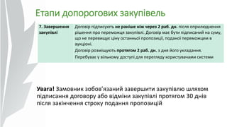 Етапи допорогових закупівель
7. Завершення
закупівлі
Договір підписують не раніше ніж через 2 раб. дн. після оприлюднення
рішення про переможця закупівлі. Договір має бути підписаний на суму,
що не перевищує ціну останньої пропозиції, поданої переможцем в
аукціоні.
Договір розміщують протягом 2 раб. дн. з дня його укладання.
Перебуває у вільному доступі для перегляду користувачами системи
Увага! Замовник зобов’язаний завершити закупівлю шляхом
підписання договору або відміни закупівлі протягом 30 днів
після закінчення строку подання пропозицій
 