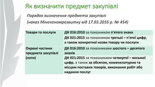 Як визначити предмет закупівлі
Порядок визначення предмета закупівлі
(наказ Мінекономрозвитку від 17.03.2016 р. № 454)
Товари та послуги ДК 016:2010 за показником п'ятого знака
ДК 021:2015 за показником третьої – п'ятої цифр,
а також конкретної назви товару чи послуги
Окремі частини
предмета закупівлі
(лоти)
ДК 016:2010 за показниками шостого – десятого
знаків
ДК 021:2015 за показниками четвертої – восьмої
цифр, а також за обсягом, номенклатурою та
місцем поставки товарів, виконання робіт або
надання послуг
 